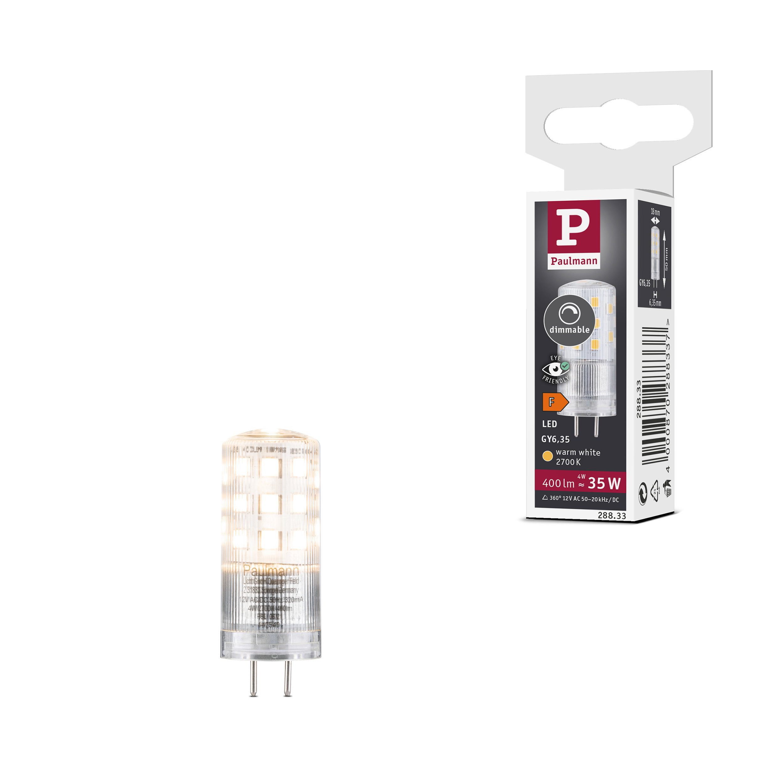Paulmann LED-Leuchtmittel Standard 12V LED Stiftsockel GY6,35 1er-Set 400lm 4W 2700K dimmbar Kla, GY6,35, 1 St.