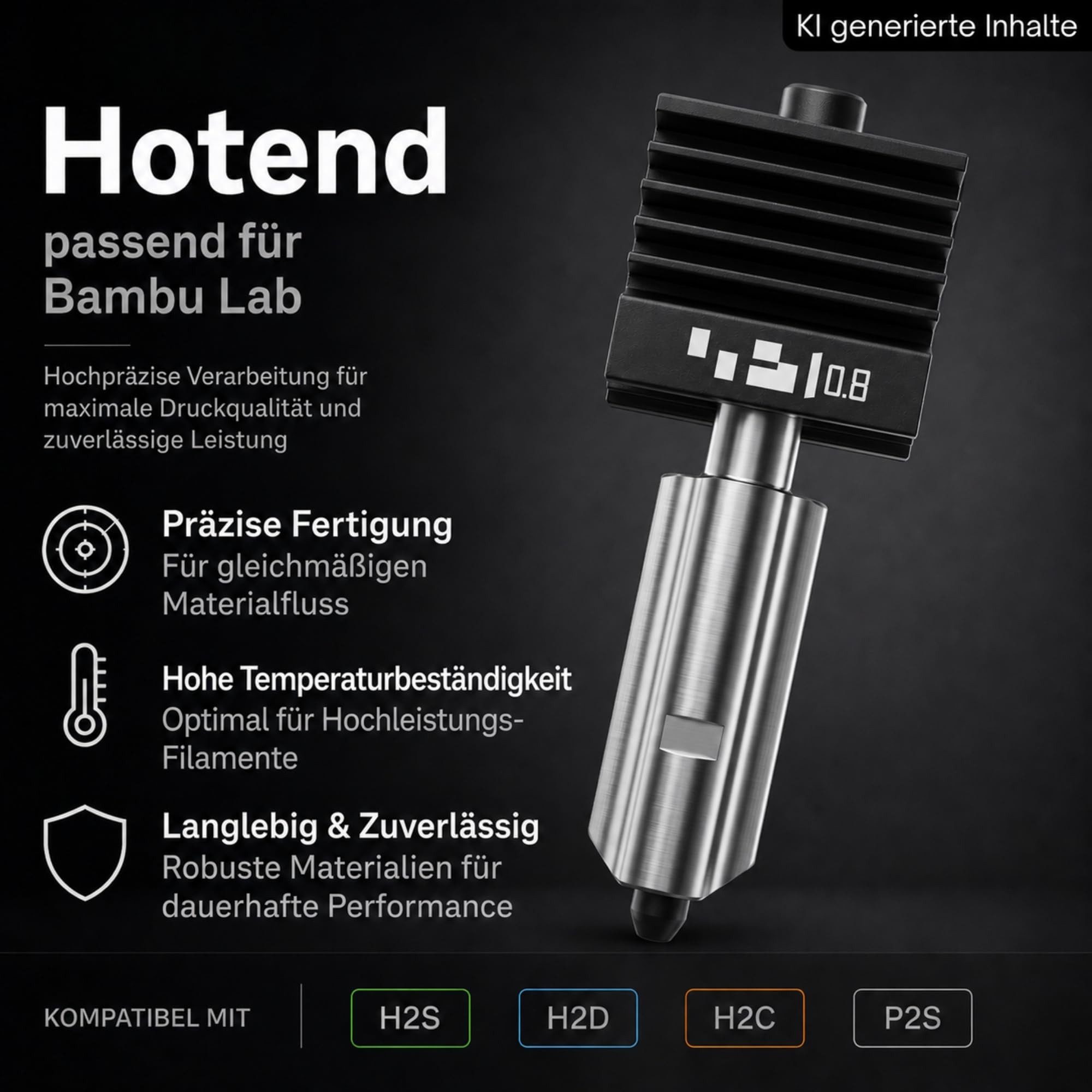TronicXL 3D-Drucker P2S H2S H2D mit 0,8mm Düse passend für Bambu Lab 3D Drucker Nozzle, Zubehör Ersatzteil Ersatzteile