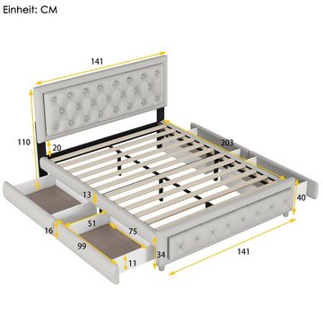 Ulife Polsterbett Doppelbett Stauraumbett mit 4 Schubladen, PU Bezug, 140x200cm