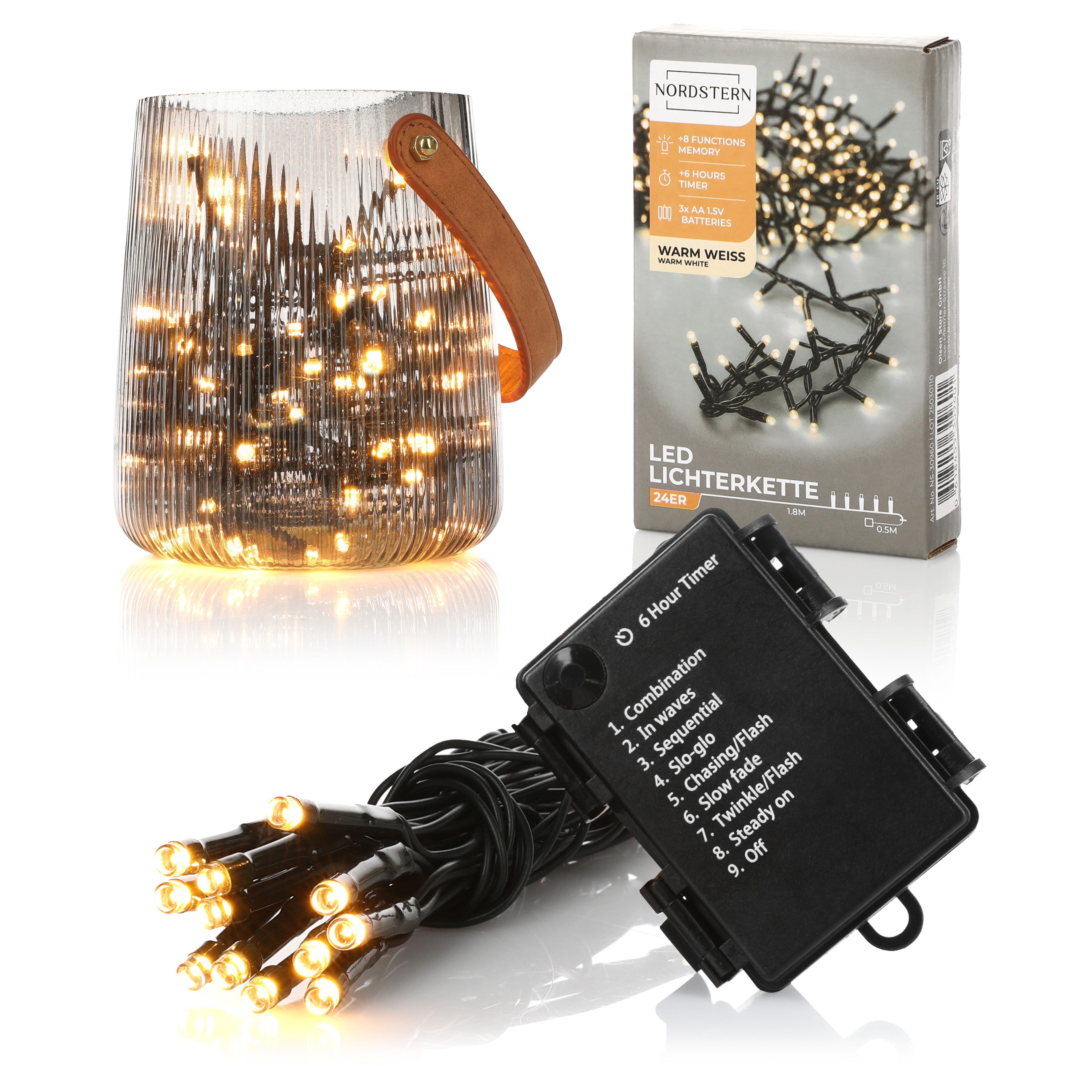 Nordstern LED-Lichterkette WarmWeiß von 24 bis 1.200 LED Weihnachtsdeko für Innen und Außen, Batteriebetrieben 24 LED - 1,8 m für Weihnachtsbaum