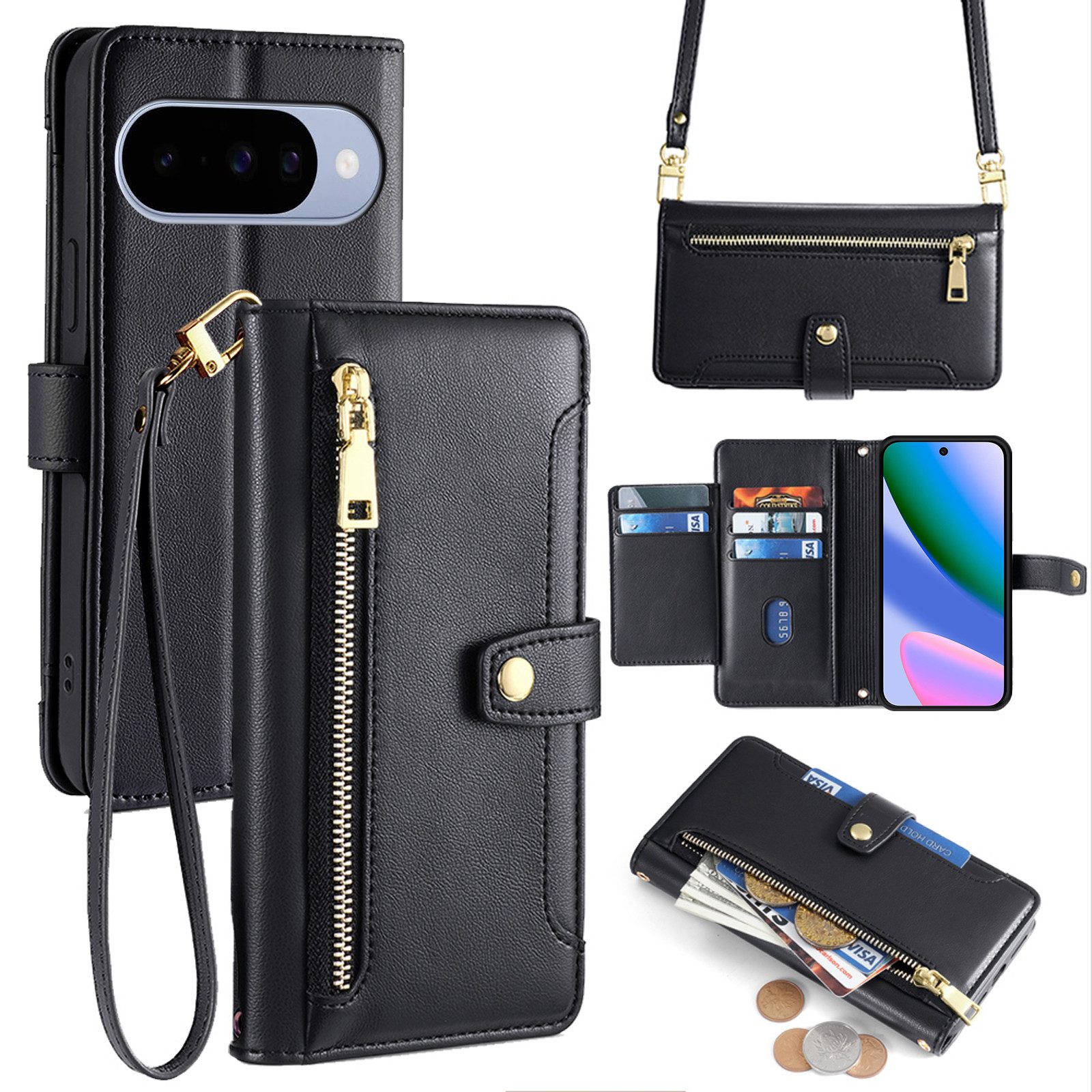 betterfon Handykette für Google Pixel 10 / 10 Pro mit Band Kartenfächer PU Leder Schwarz, Hände frei - mit Silikonhülle & Schnur für flexiblen Alltag