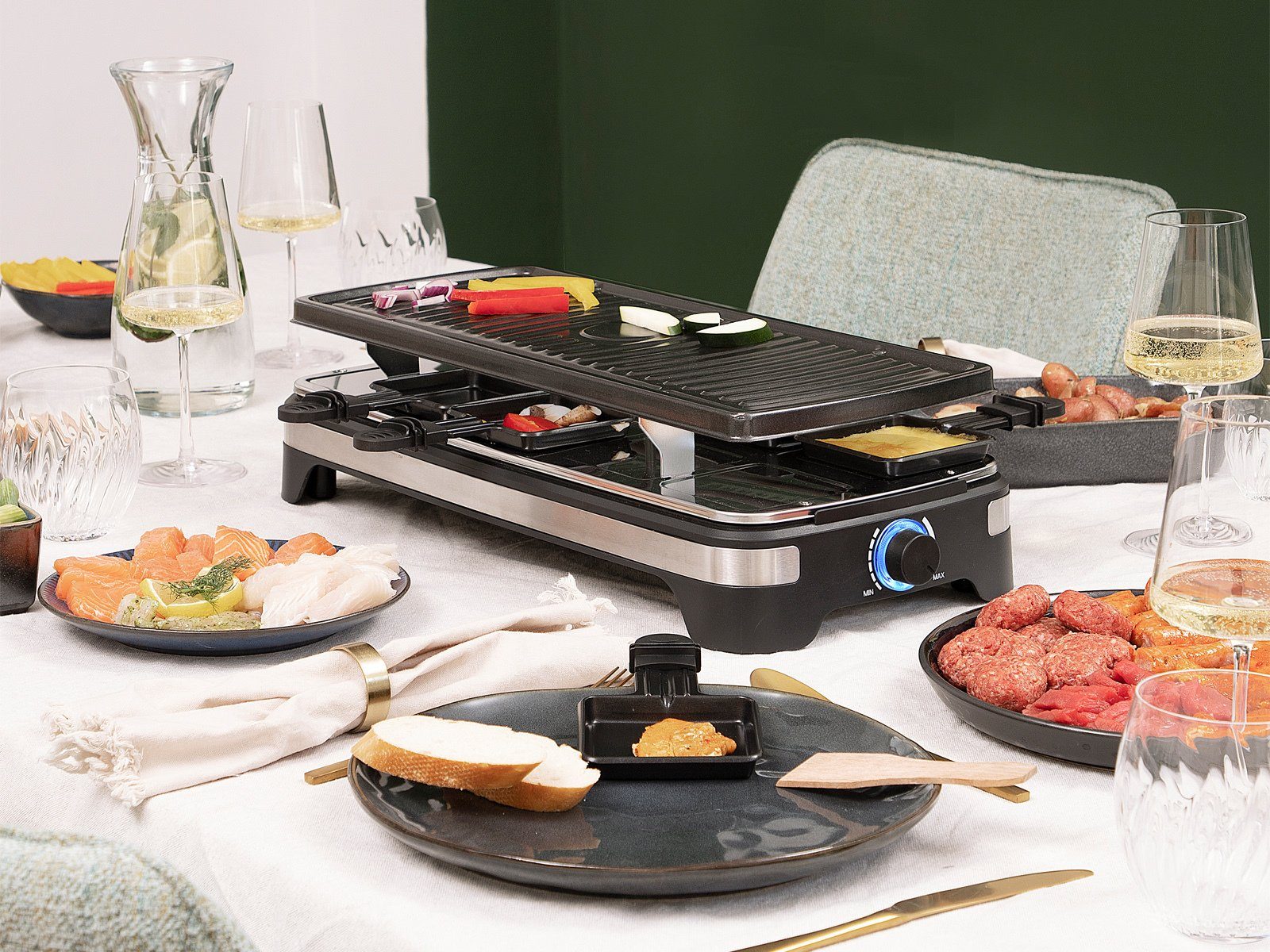 PRINCESS Raclette, 10 Raclettepfännchen, Gerät Tischgrill 2-10 Personen geriffelte Grillplatte Camping geeignet