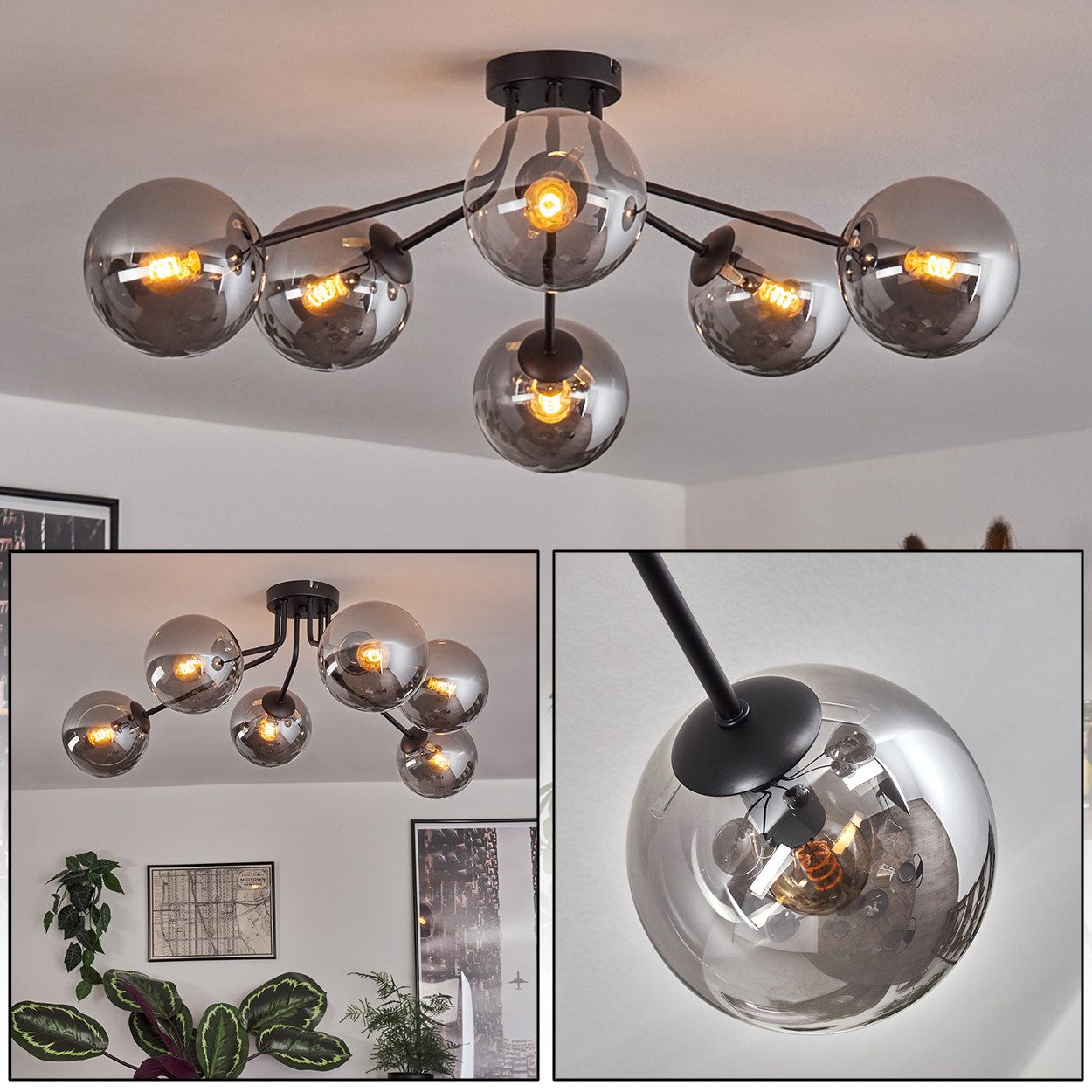 Deckenleuchte Deckenlampe aus Metall/Glas in Schwarz/Rauchfarben