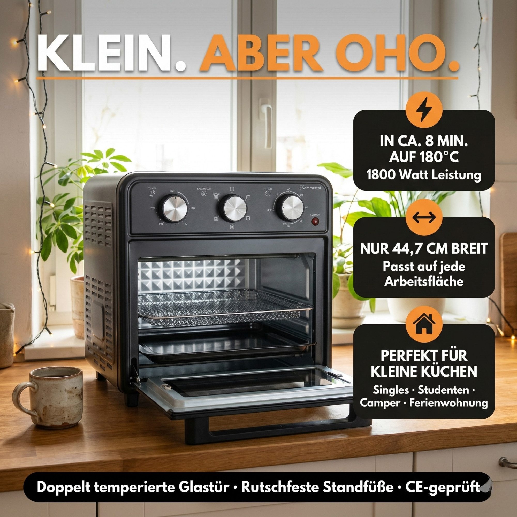 Sommertal Multiofen Sommertal Minibackofen 20 Liter mit Umluft & Heißluftfritteuse, 1800 Watt, Airfryer Funktion, 100–230°C, 60 Min. Timer