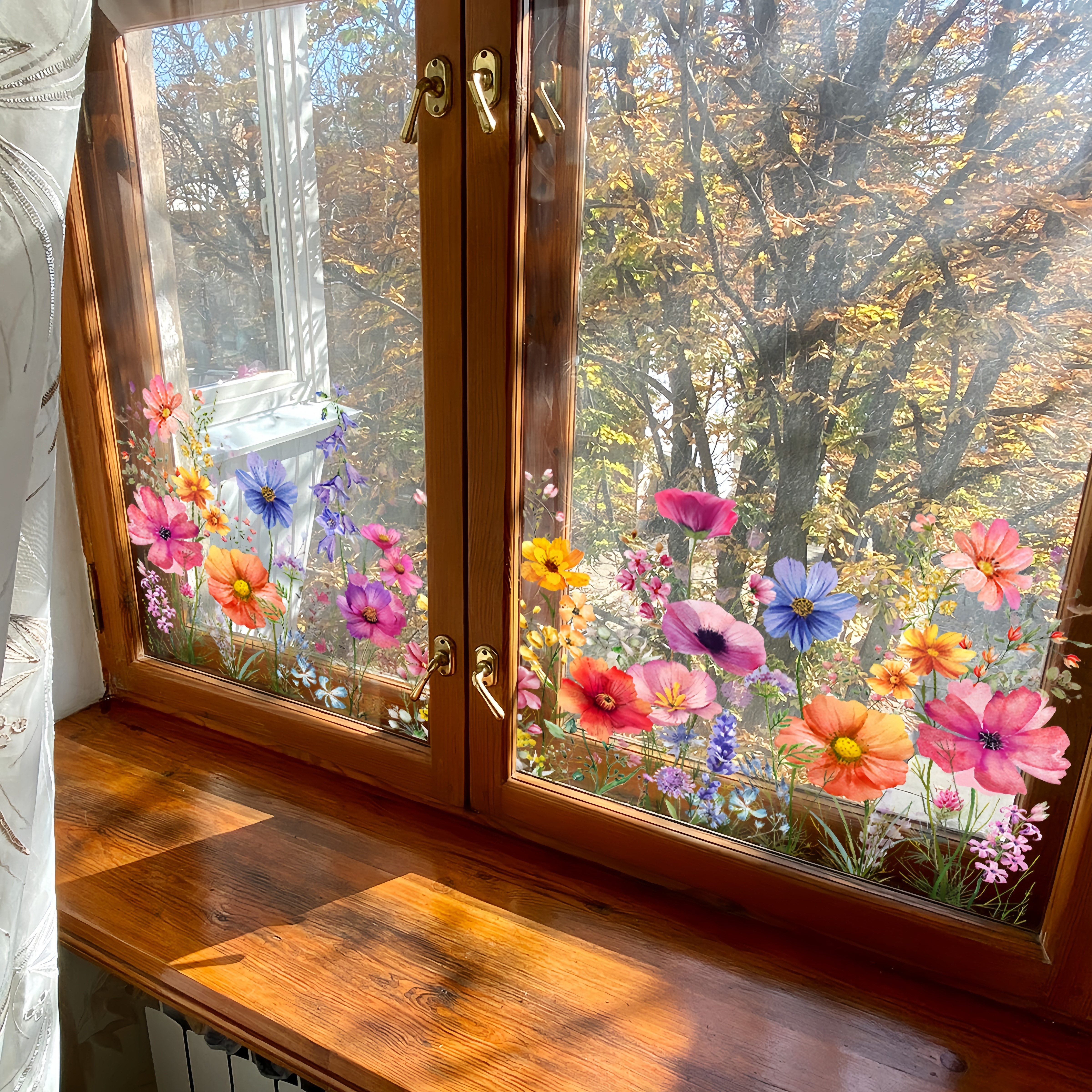 FOUORTUNATE-BEE Fenstersticker Fensterfolie Blumen bunt statisch beidseitig ablösbar Dekor, Für Fenster Glas Tür Wohnzimmer Büro Deko Vogelschutz Folie