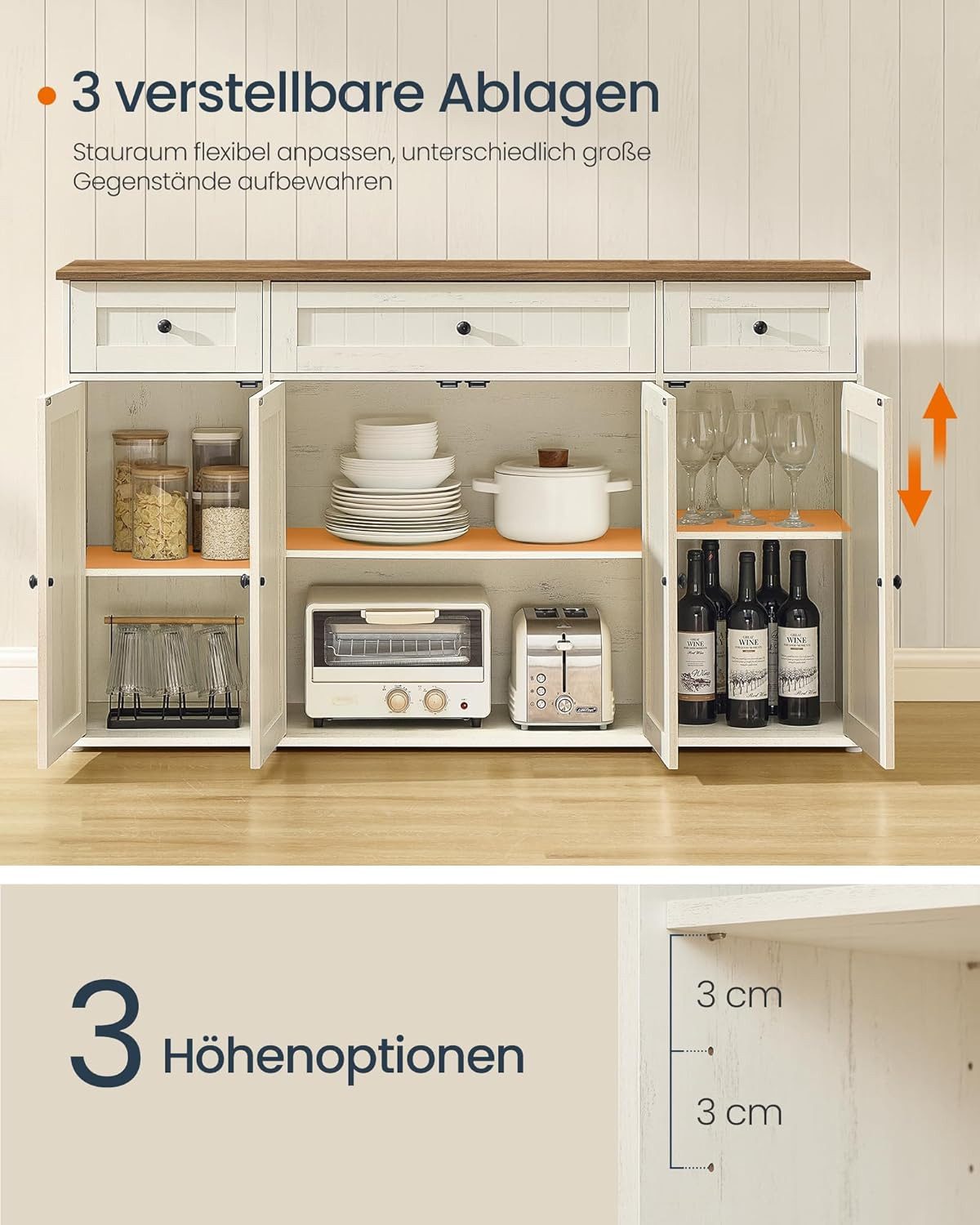 SONGMICS HOME Sideboard Sideboard, Toolless-Technologie, superschnelle werkzeuglose Montage, 39x81×140cm, Küchenschrank mit Arbeitsplatte