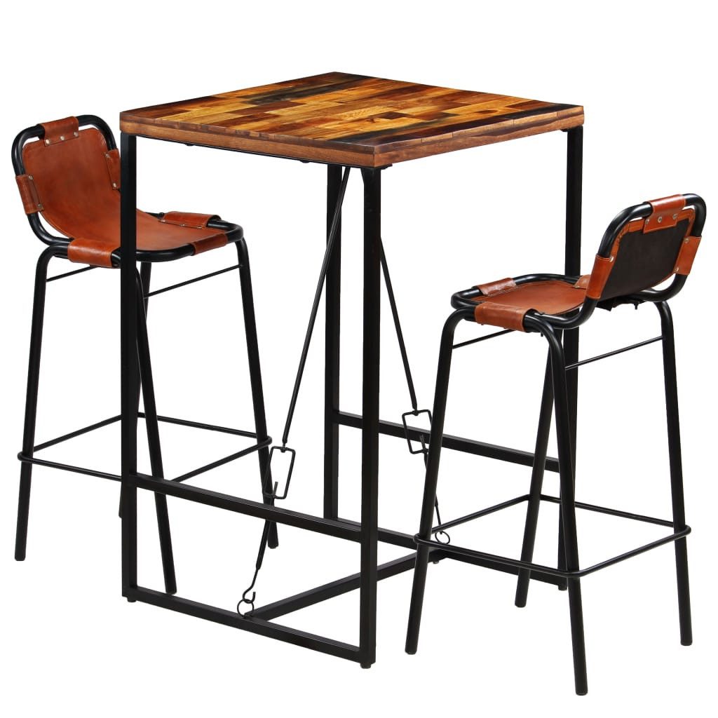 vidaXL Sitzgruppe Bar-Set 3-tlg Altholz Massiv und Echtes Ziegenleder Hochstühle Barhock