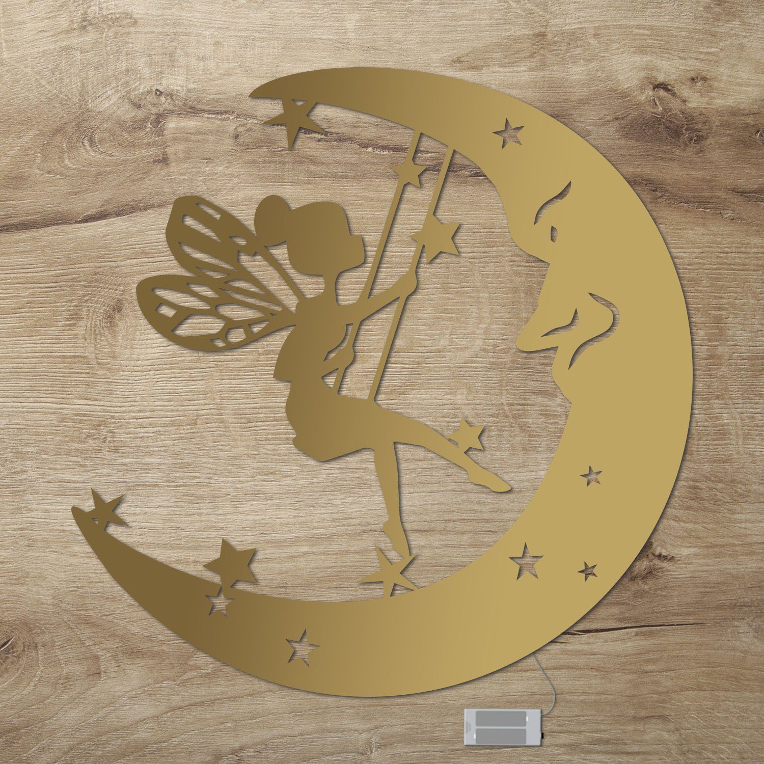 Namofactur LED Nachtlicht Schaukel-Fee auf Mond Nachtlicht Holz Wandlampe Kinderzimmer, Ohne Zugschalter/Stern, LED fest integriert, Warmweiß