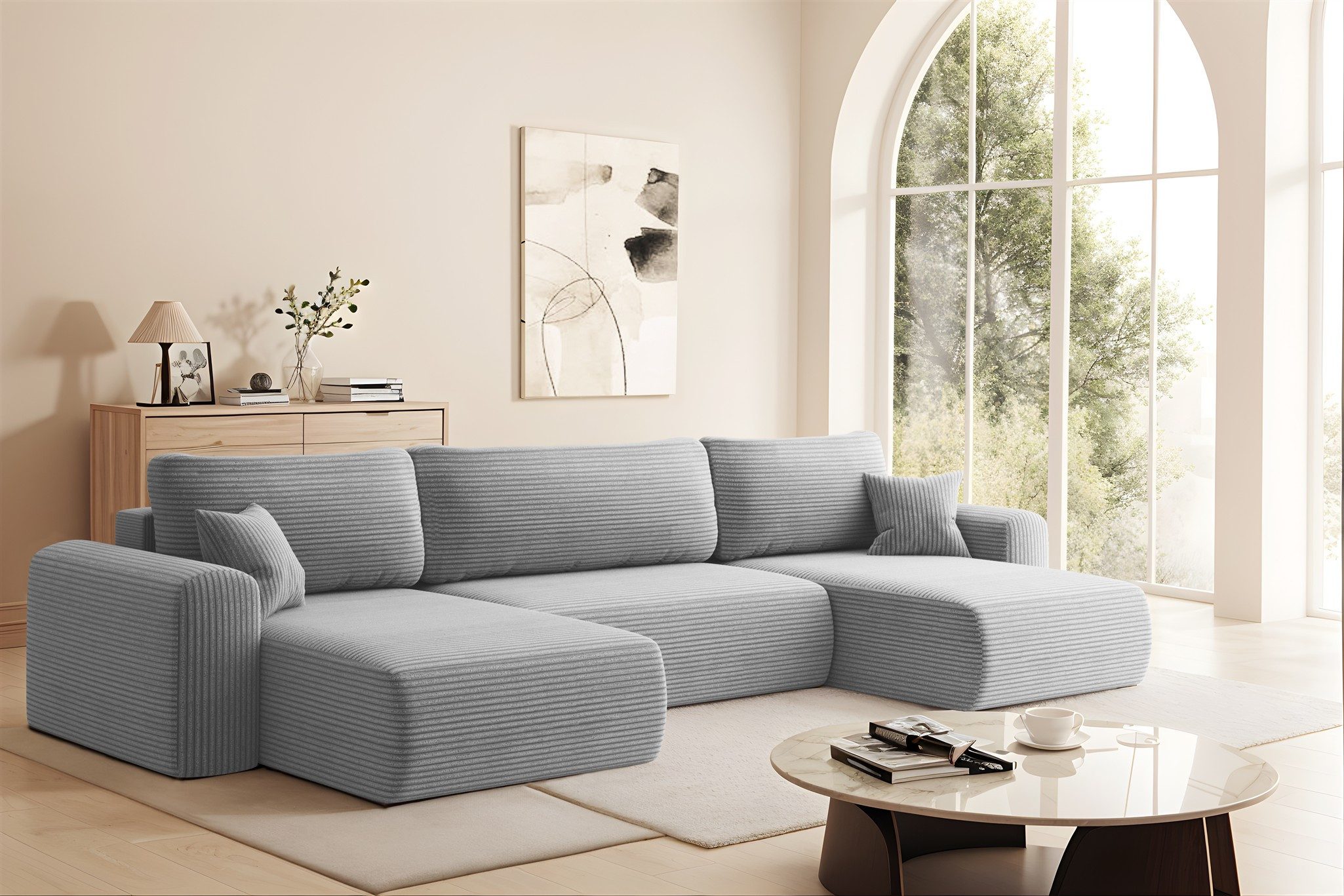 Fun Möbel Wohnlandschaft Sofa FUN TIERNO mit Schlaffunktion in Stoff, inkl. Bettkasten und 2 x Zierkissen, inklusive Bettkasten