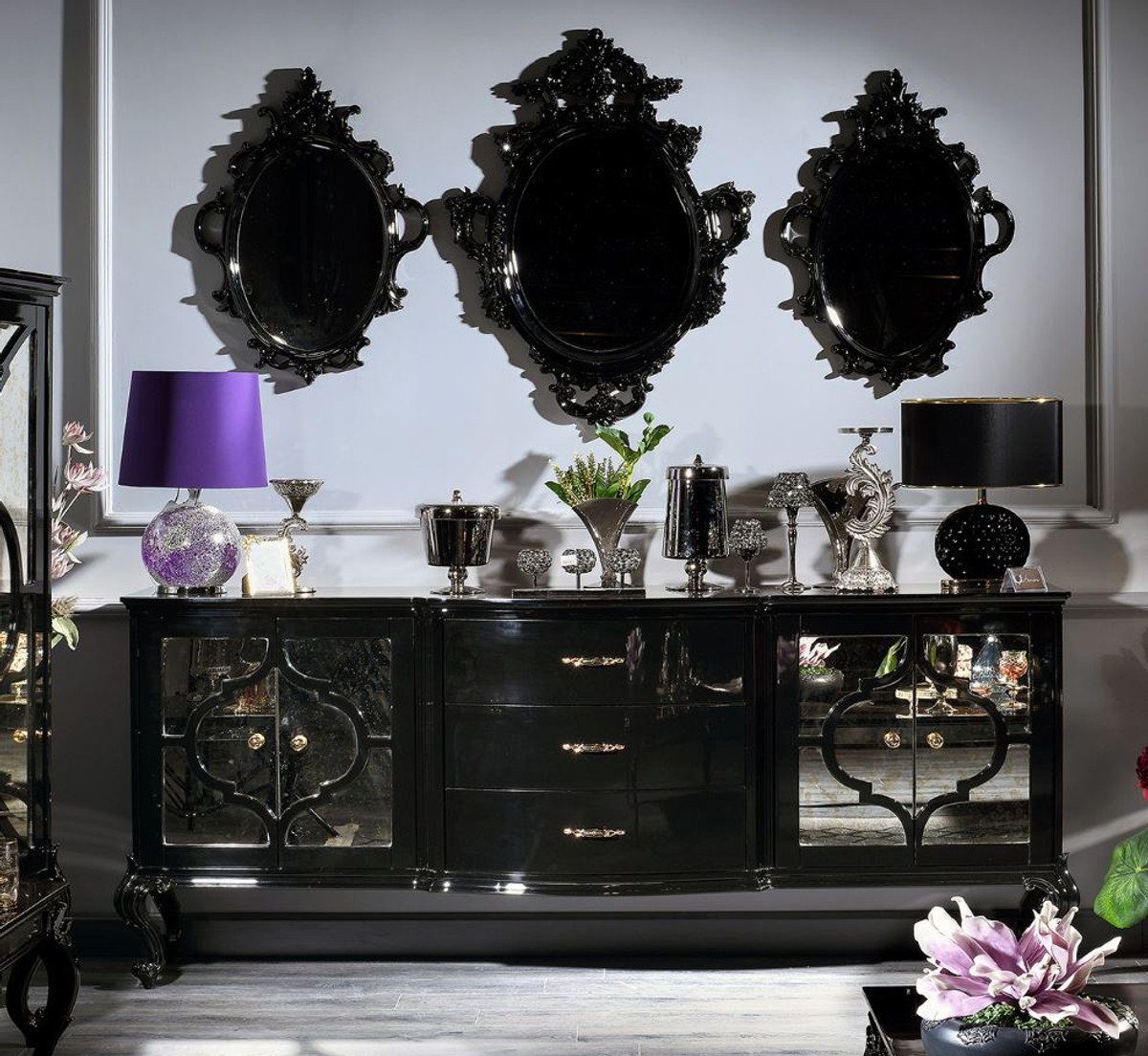 - Padrino Handgefertigte Barock Barock im Spiegel Wandspiegel Set Barockspiegel Luxus 3 Prunkvolle Casa Möbel Barockstil - Schwarz