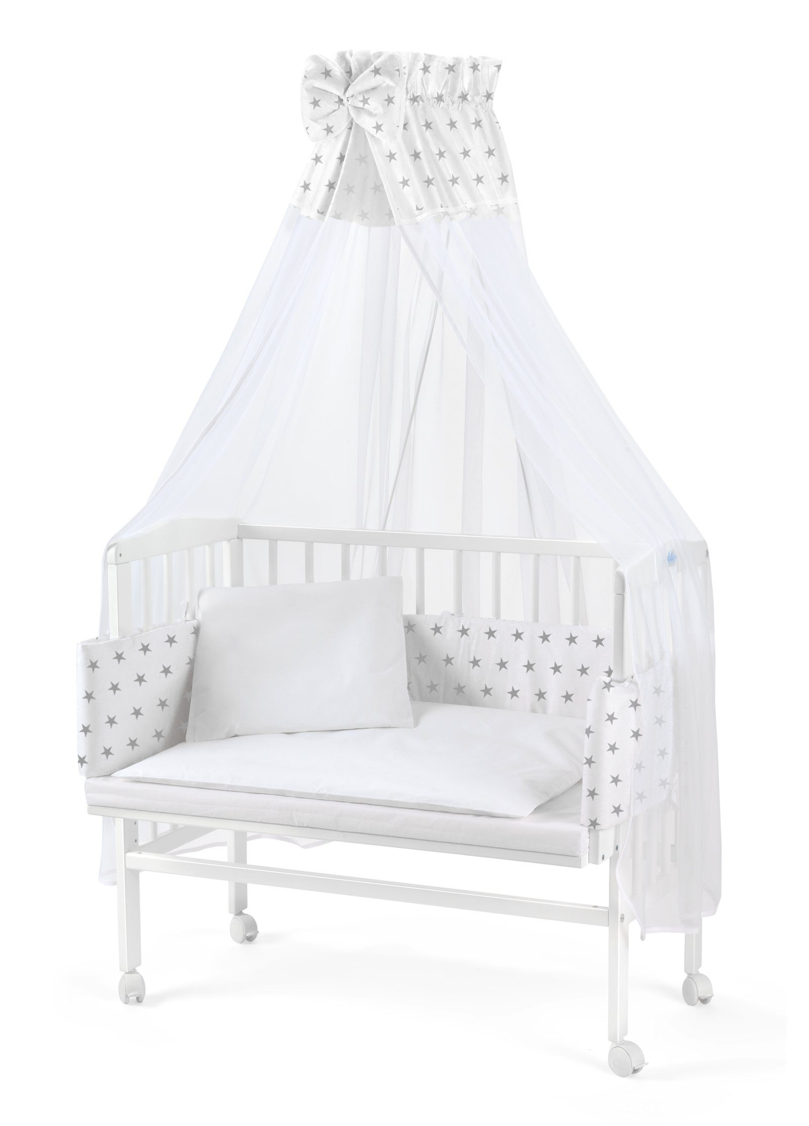 Waldin Beistellbett Baby Beistellbett, Matratze, Stoffset, Buche massiv, verstellbar