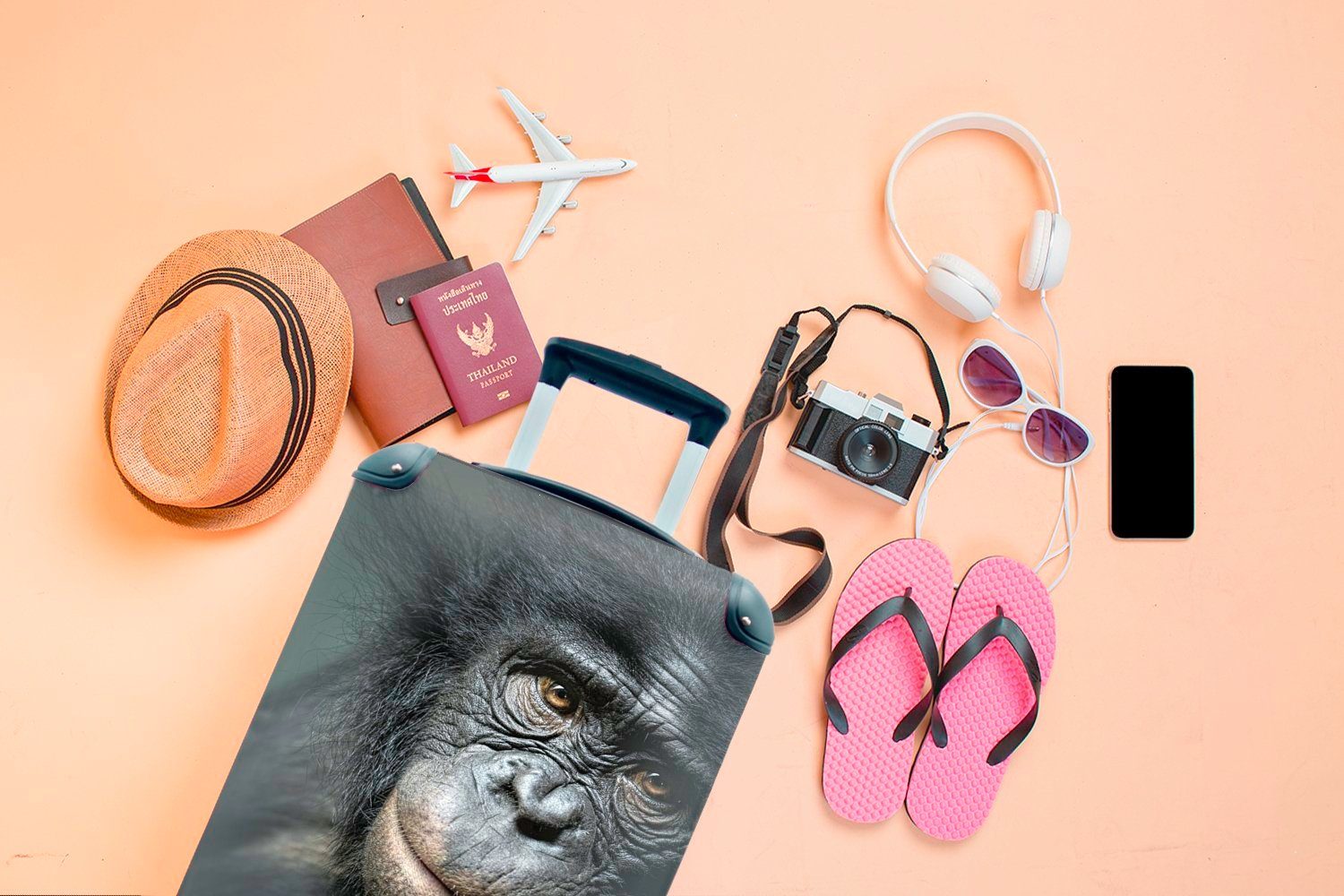 4 Ferien, Schimpanse Reisekoffer Handgepäck nächster rollen, Rollen, Handgepäckkoffer für MuchoWow Nähe, Reisetasche mit Trolley, aus