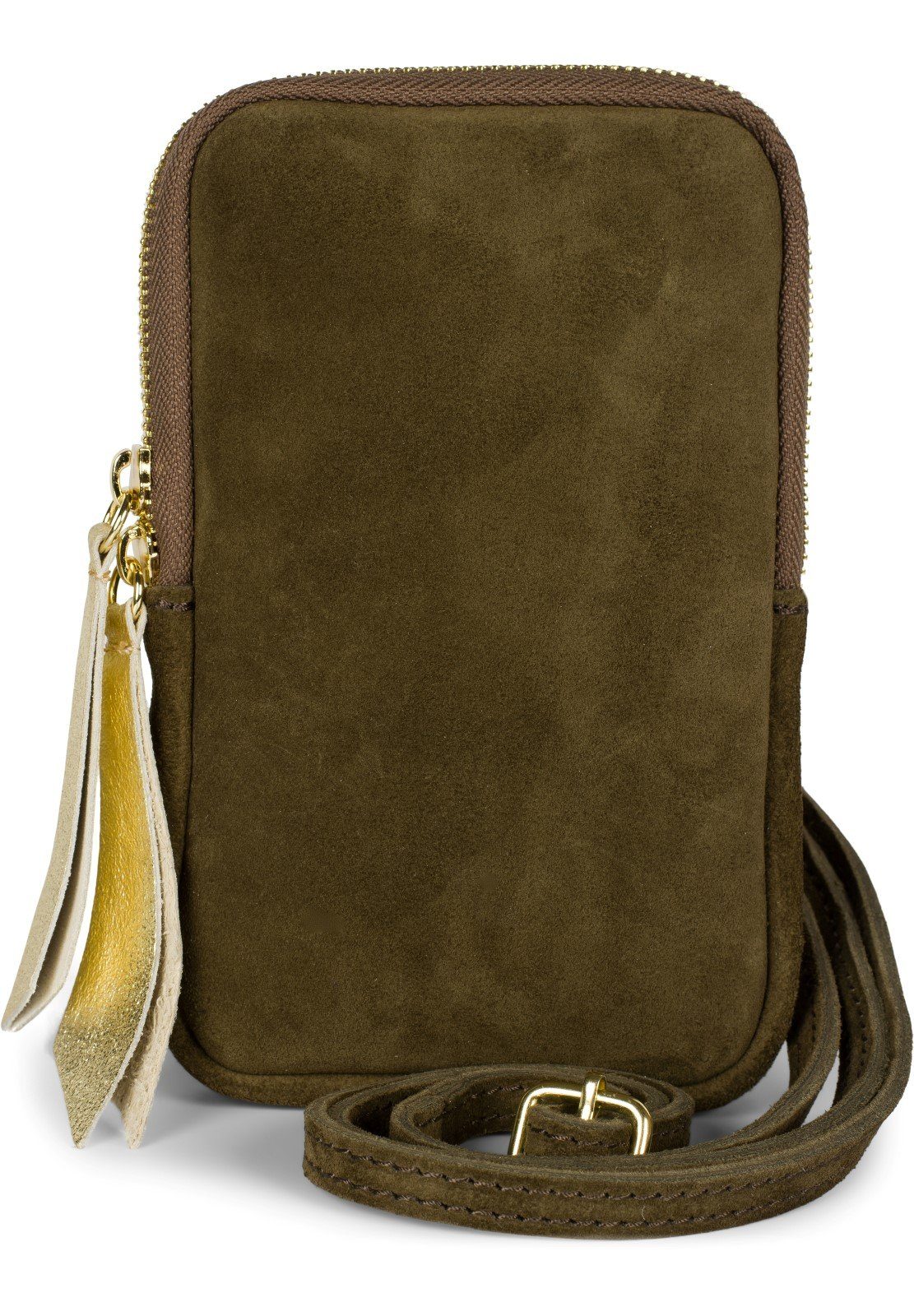 styleBREAKER Mini Bag (1-tlg), Echtleder Handy Umhängetasche Veloursleder Oliv