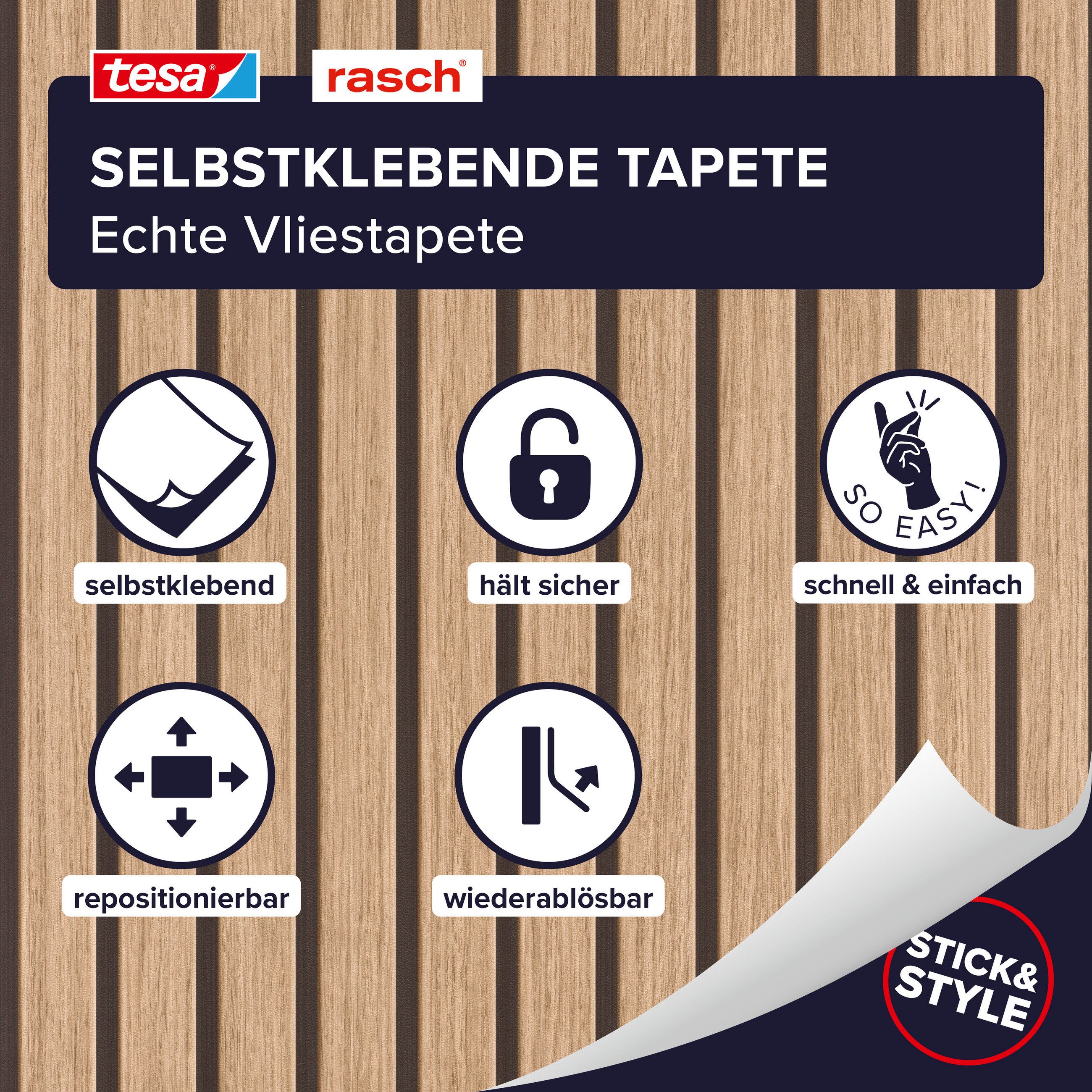 Rasch Vliestapete Echo - Selbstklebende Tapete Holzoptik - Akzentrolle - tesa® x rasch®, strukturiert, gestreift, Holzpaneele, Streifen, (1 St), selbstklebend, 2,65m x 0,53m
