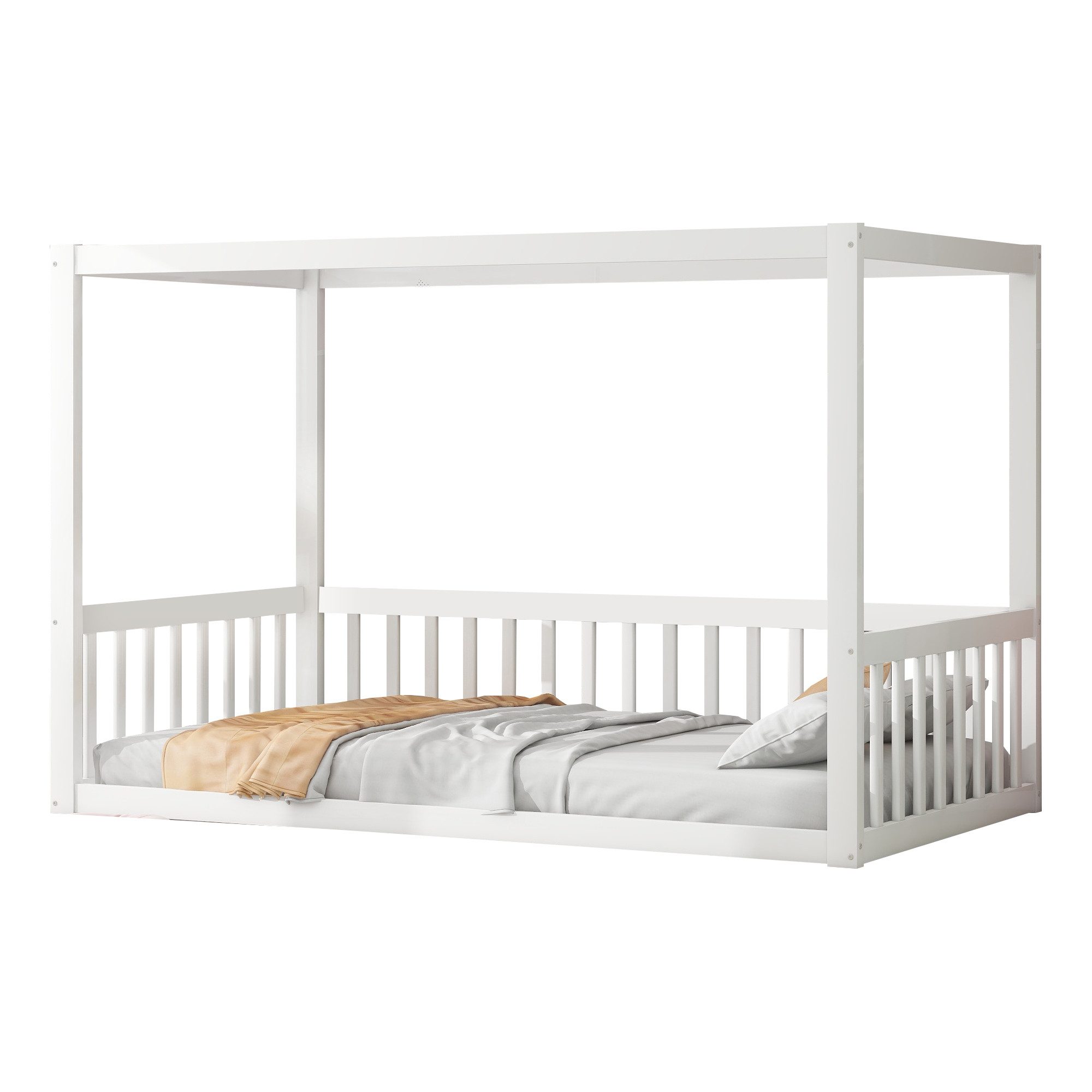 OKWISH Kinderbett Einzelbett Holzbett (Himmelbett Kinder 90x200 Massivholz, für Kleinkinder & Jugendliche, sicher & kreativ), mit Matratze