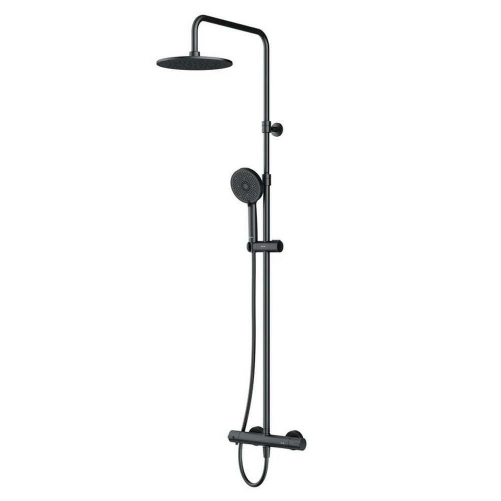 AM.PM Duschsystem PLAY mit Thermostat Ø 25 cm Regendusche & Handbrause Duscharmatur, Höhe 146 cm, 5 Strahlart(en), Brause Dusch-Komplettset mit Duschsäule, Air-In Technologie, Dusche Brauseset Anti-Kalk Schwarz, Duschset Kopfbrause & Handdusche mit Antikalk-Duschkopf