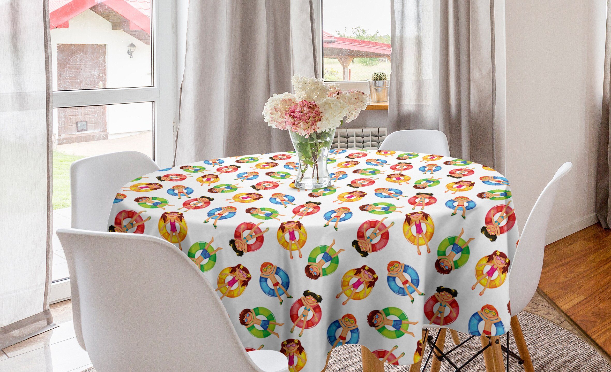 Abakuhaus Tischdecke Kreis Tischdecke Abdeckung für Esszimmer Küche Dekoration, Sommer Kinder im Pool Sommer
