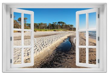 Wallario Wandfolie, Einsamer Strand am Meer - Blauer Himmel, mit Fenster-Illusion, wasserresistent, geeignet für Bad und Dusche