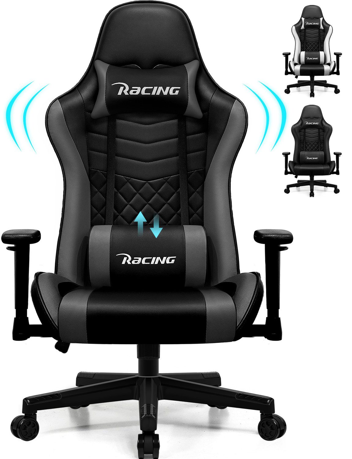 Hiazurm Gaming-Stuhl Gaming Stuhl, Bürostuhl Ergonomisch, Gaming Chair (Ergonomischer Gamer Stuhl mit Wippfunktion, bis 150 kg Belastbarkeit), Gaming Stuhl Bürostuhl mit Verstellbare Armlehnen, Kopfstütze