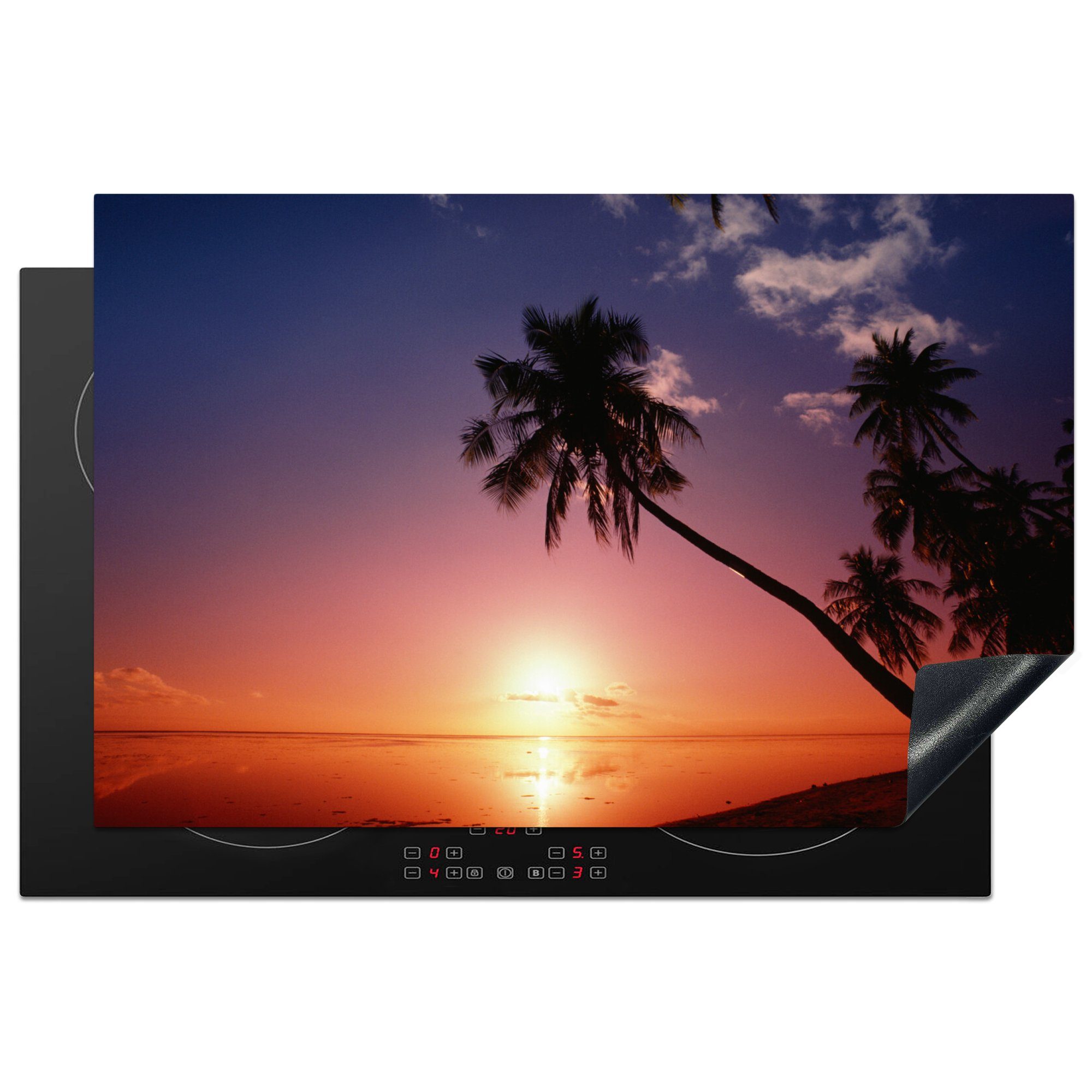 MuchoWow Herdblende-/Abdeckplatte Silhouette von Palmen bei Sonnenuntergang, Vinyl, (1 tlg), 81x52 cm, Induktionskochfeld Schutz für die küche, Ceranfeldabdeckung