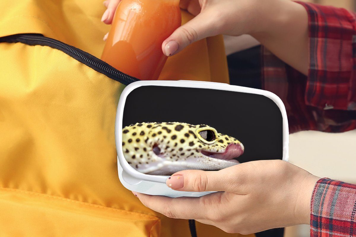 Lunchbox schwarzem Brotbox Kinder Erwachsene, heraushängender für Leopardgecko MuchoWow Kunststoff, und Brotdose, und Hintergrund Zunge, Jungs für weiß Mädchen mit auf (2-tlg),