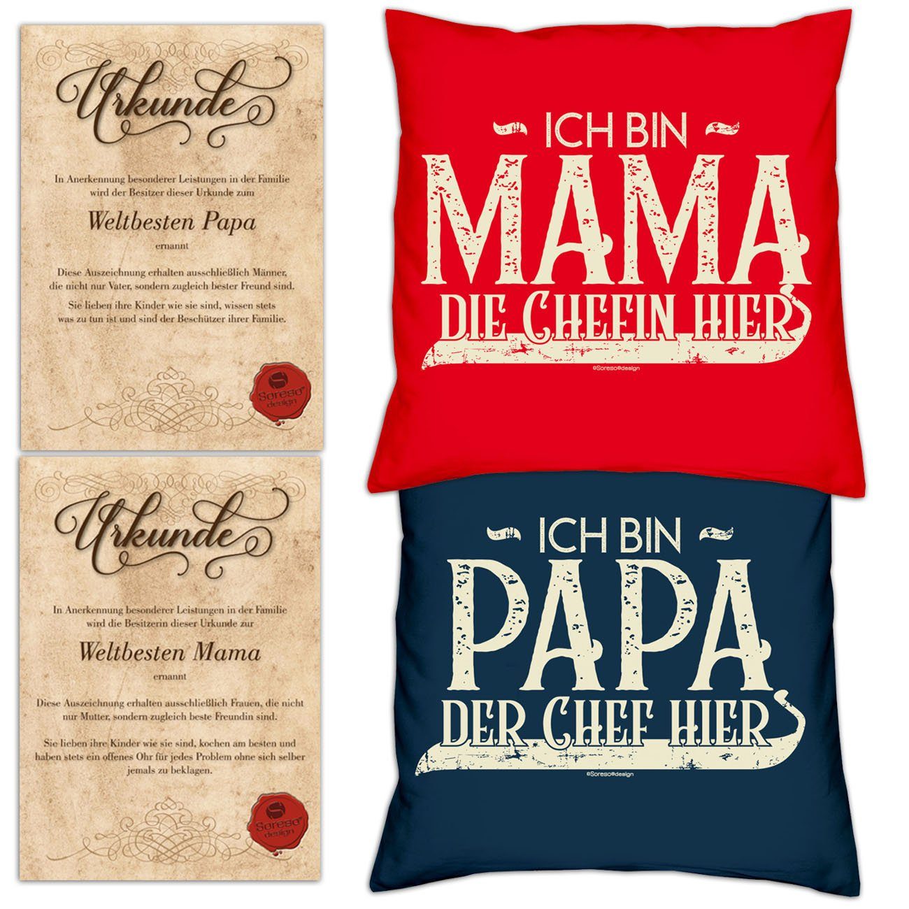 Soreso® Dekokissen Kissen-Set Ich bin Papa der Chef hier Ich bin Mama die Chefin hier mit Urkunden, Weihnachtsgeschenk für Eltern rot