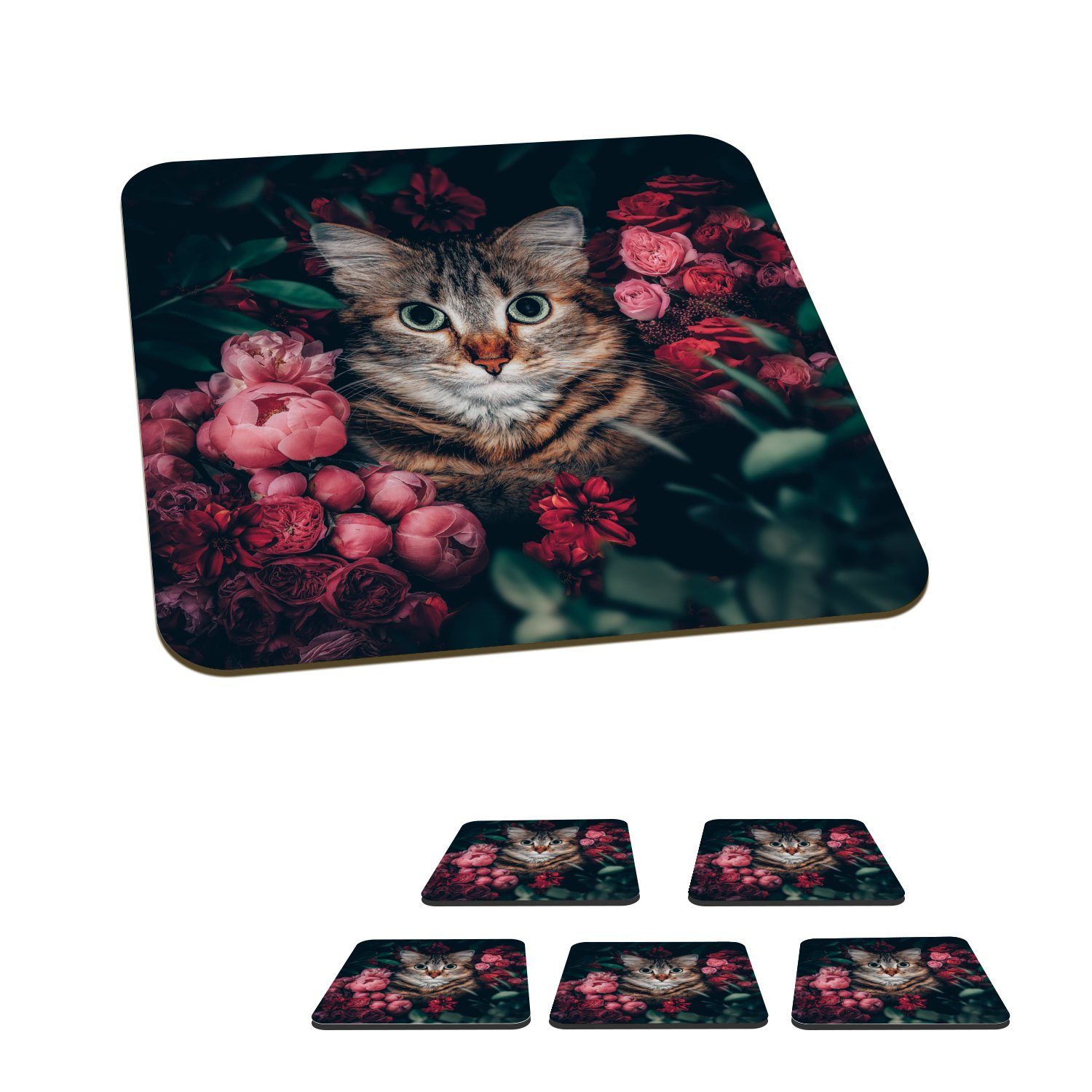 MuchoWow Glasuntersetzer Katze Blumen Untersetzer, Gläser, - Tasse - 6-tlg., für Botanisch, Blätter Tischuntersetzer, - Glasuntersetzer, Korkuntersetzer, Zubehör