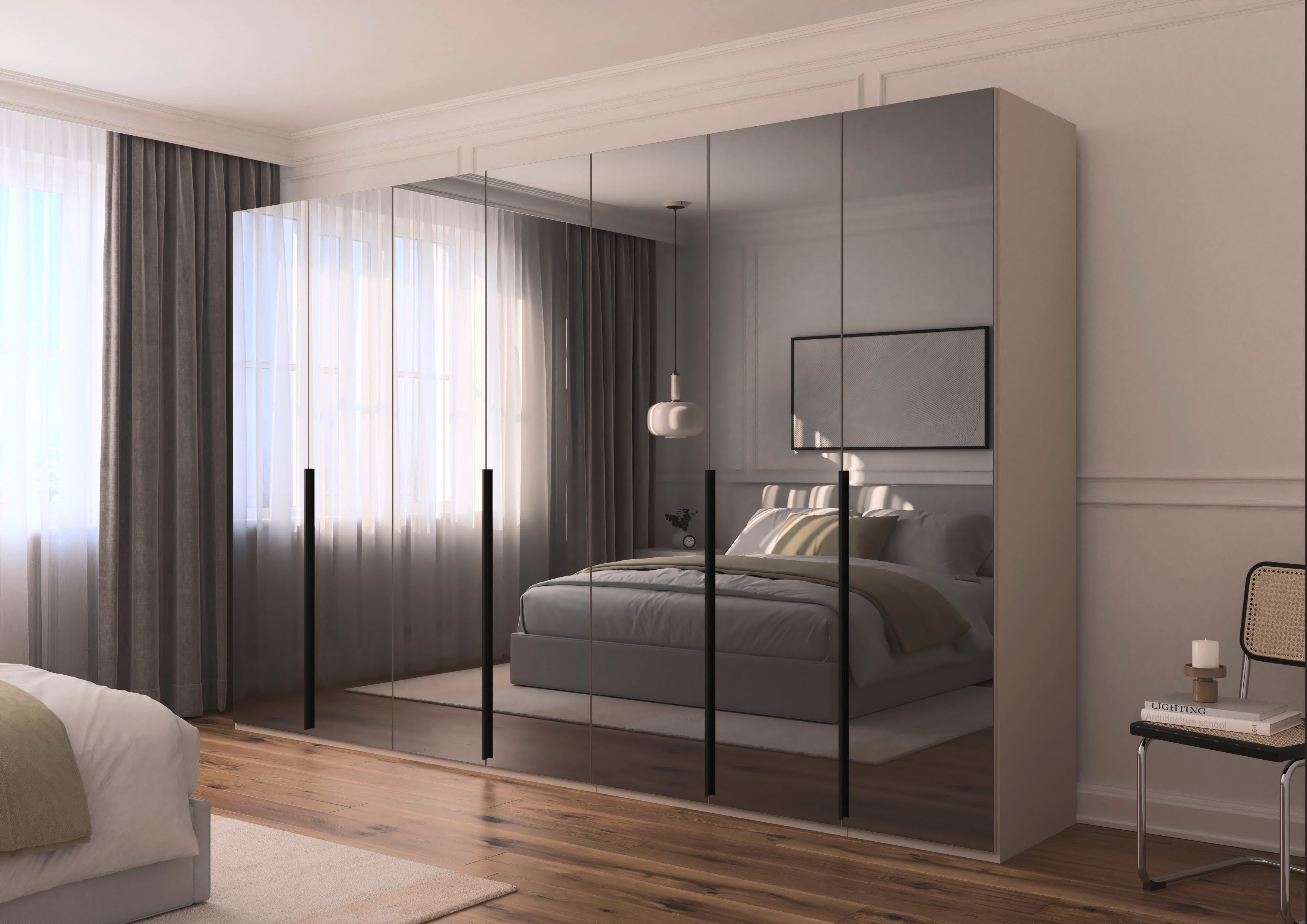 rauch Drehtürenschrank Kleiderschrank Schrank Garderobe Wäscheschrank BESTSELLER MONTCLAR (3 Ausstattungen BASIC/CLASSIC/PREMIUM (SOFT-CLOSE), Breiten 201-400 cm) Front in Glas/Hochglanz/Dekor/Grauspiegel in 5 Breiten MADE IN GERMANY