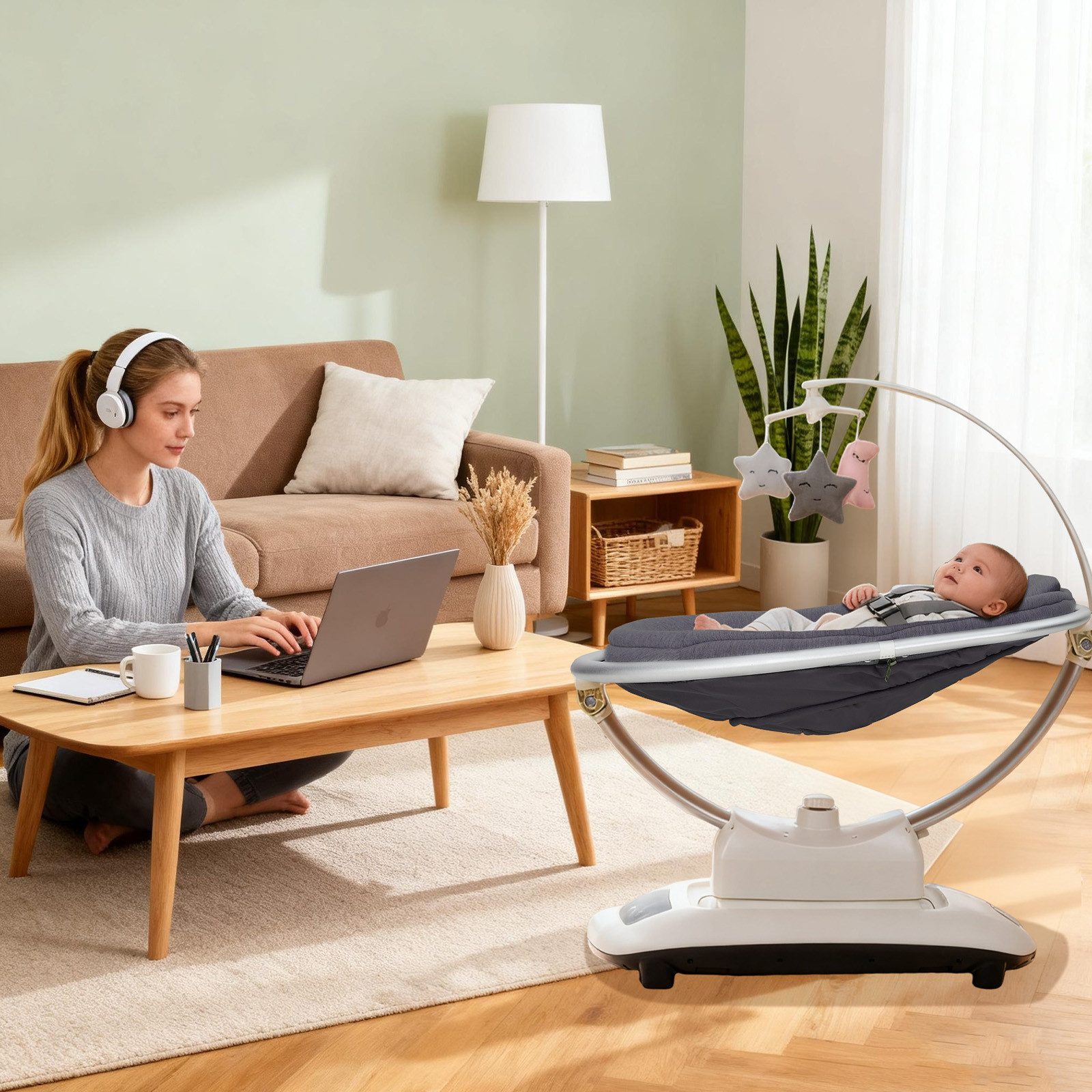 GarveeMore Babywippe elektrische Babyschaukel mit Spielzeugbügel, bis 6 Monate & 18 kg, 5 Schaukelmodi + 5 Schlaflieder, höhenverstellbar, waschbar