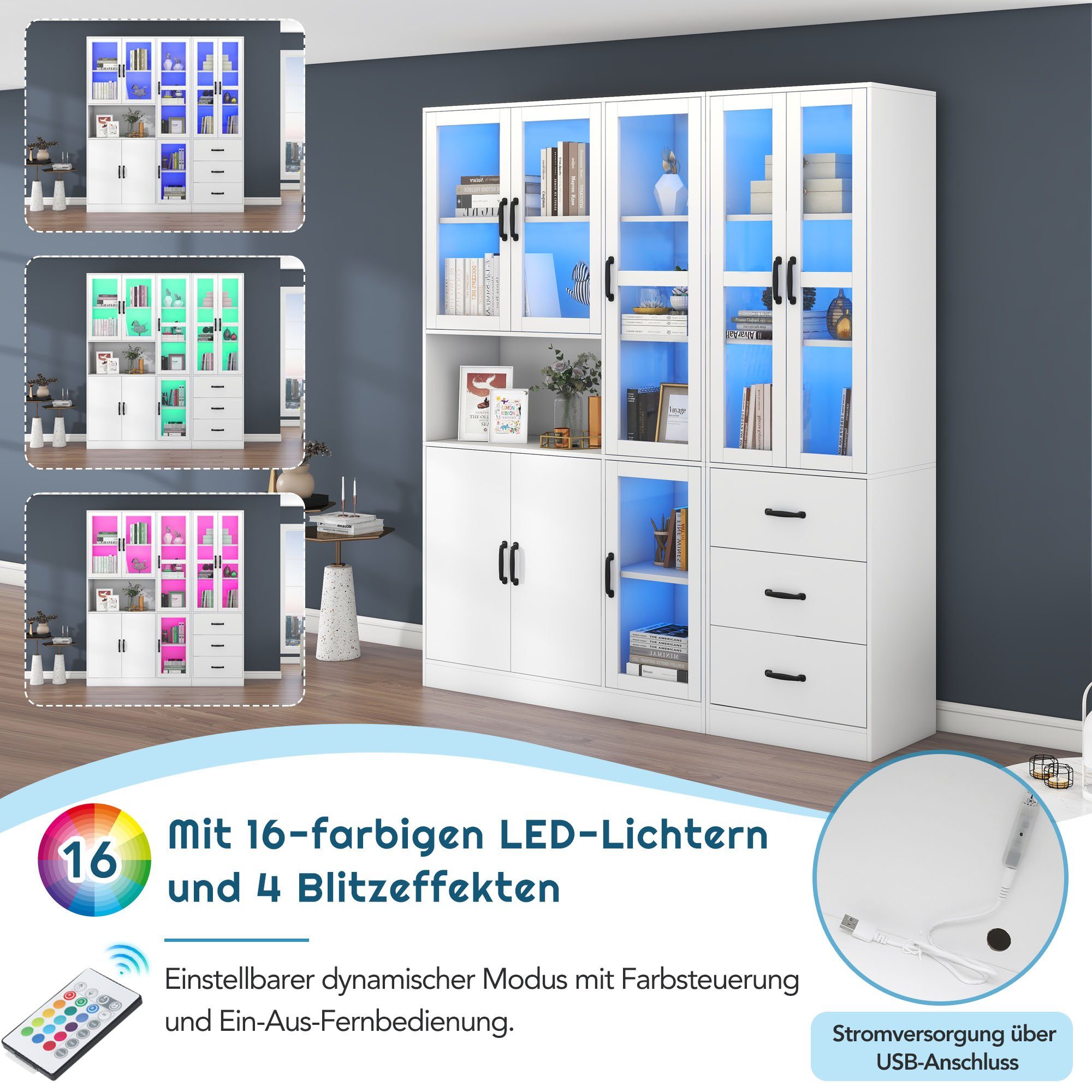 HAUSS SPOLE Vitrine 180x40x200 cm mit LED-Beleuchtung, 8 Türen, 3 Schublade günstig online kaufen