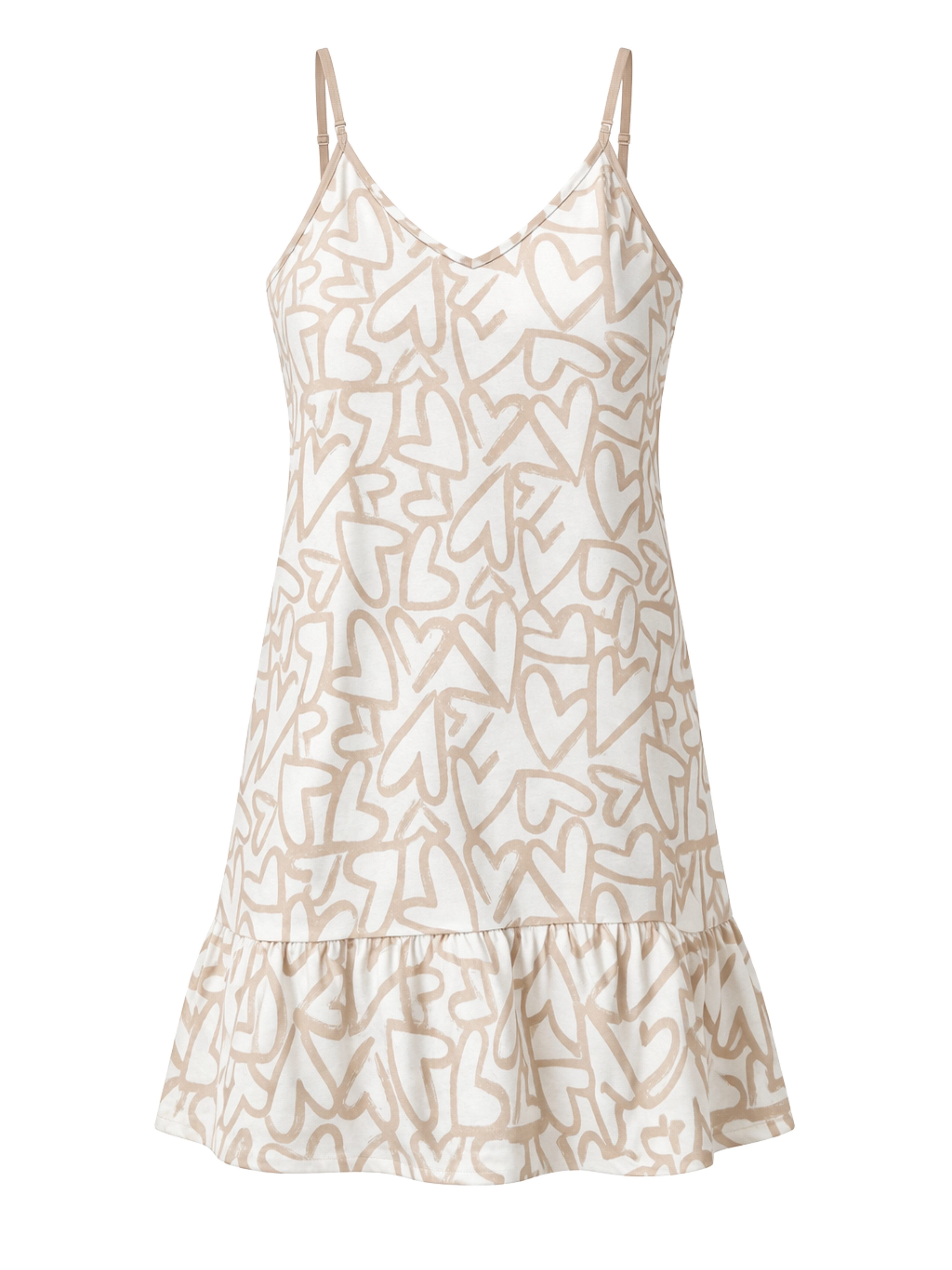Donna Nachthemd Damen Schlaf-Shirt Baumwolle Spaghettiträger leicht & atmungsaktiv, Sommer Nachtkleid Damen, Herzmuster Beige