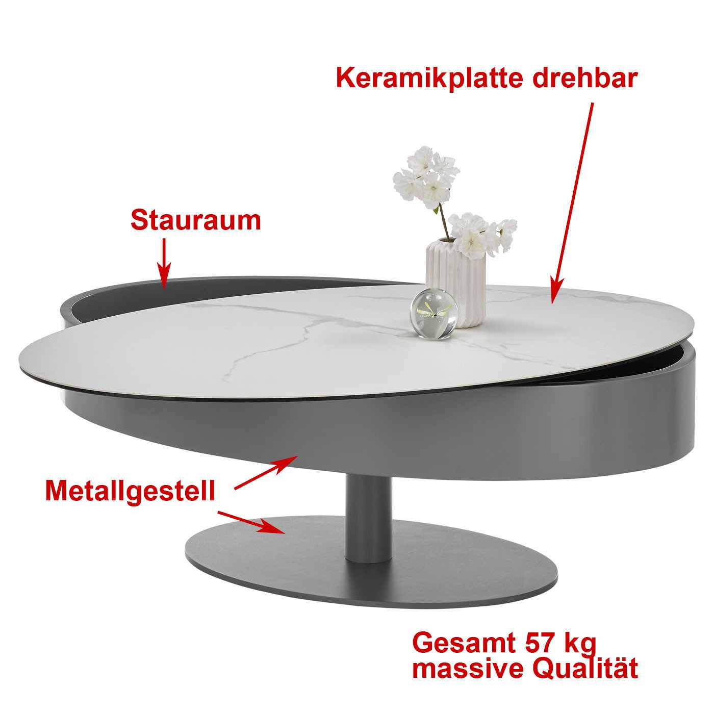 Bega Consult Couchtisch Couchtisch Sinisa Tischplatte Keramik weiß marmoriert