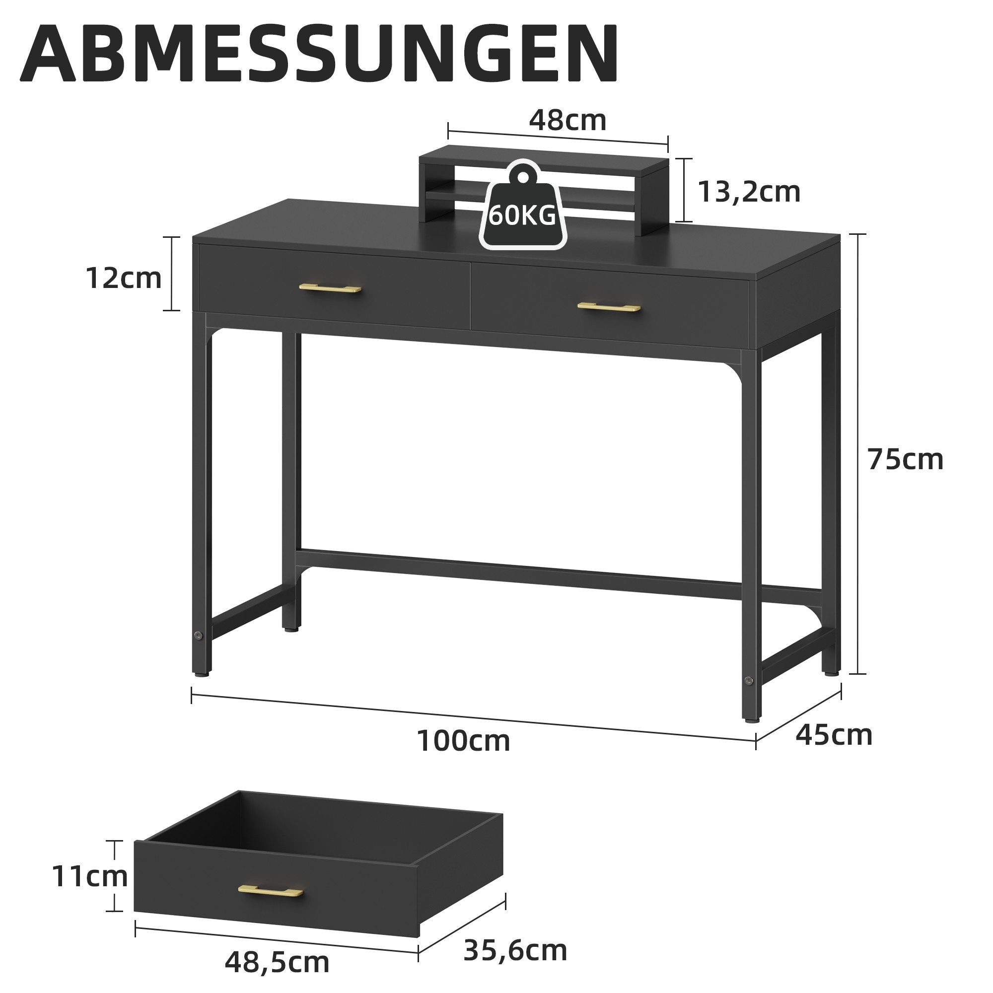 OYRREU Schreibtisch mit Schubladen/Monitorständer/Rückwand, modern, vintage Schminktisch (Set, mit Aufbewahrung), freistehender Schminktisch Boudoir