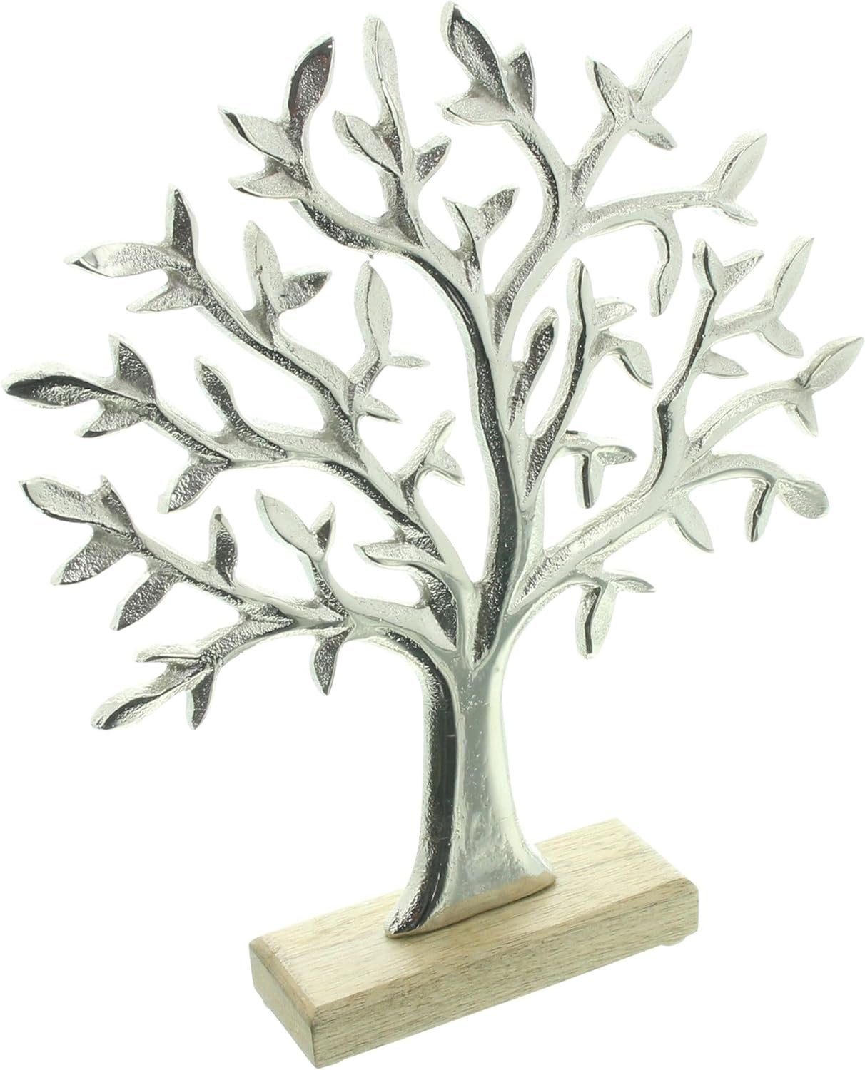 Dekoleidenschaft Dekofigur Baum "Silber" aus Aluminium & Mango Holz, 31 cm hoch, Tischdeko, moderne Figur, Skulptur, Metallbaum, Dekobaum, Dekoobjekt, Lebensbaum