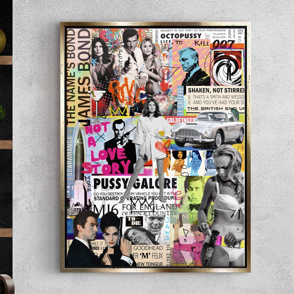 silberner James Leinwandbild Rahmen Bond mit DOTCOMCANVAS® Rahmen Collage Leinwandbild, premium Pop Art