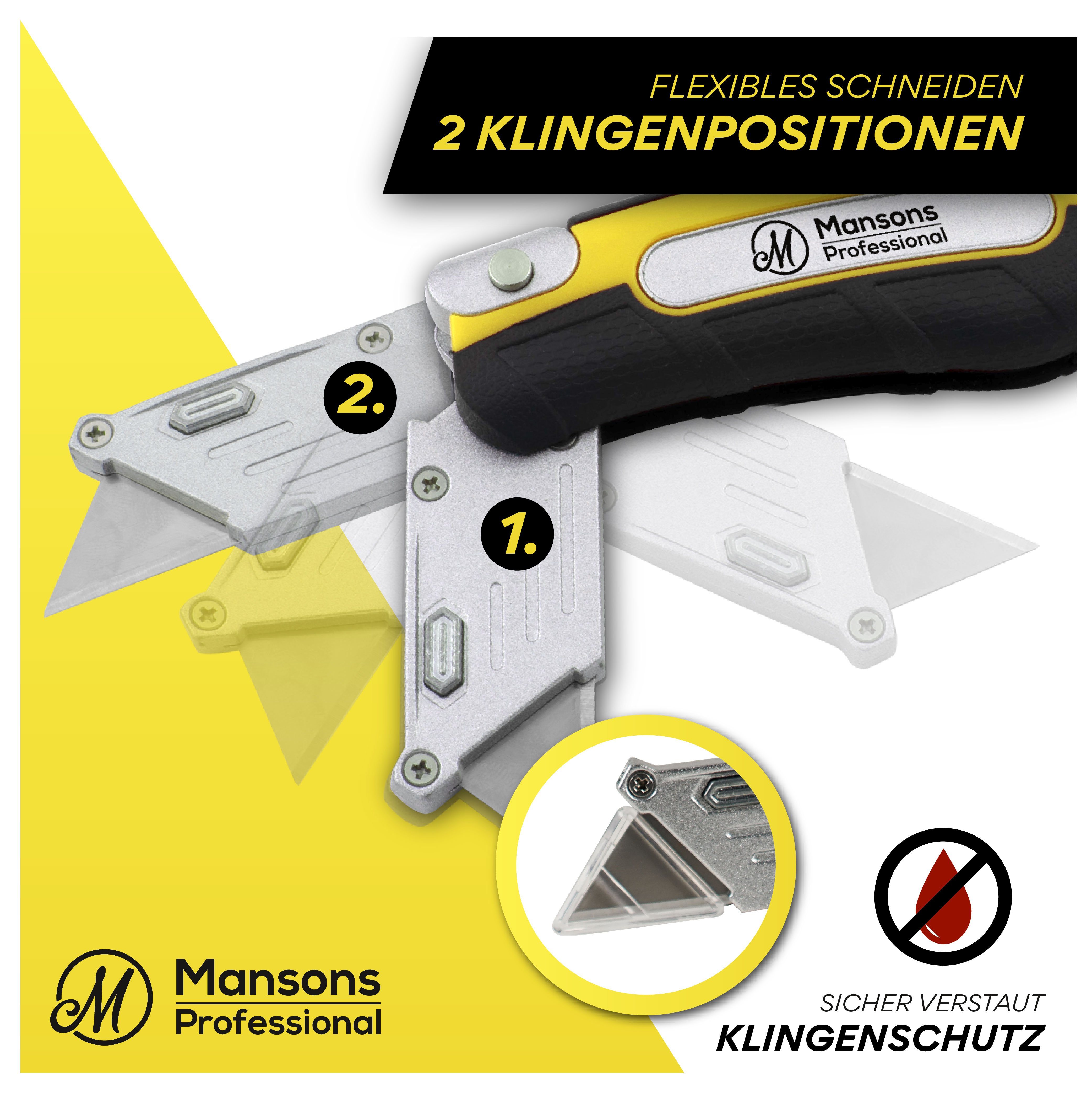 (Klappmesser mit Ersatzklingen), Teppichmesser extra Universalmesser Metall Profi 13 Faltbares mit Gürtelclip, für Mansons Tapeten Cuttermesser klappbar, und Karton Cuttermesser Scharf Teppich,