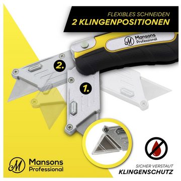 Mansons Cuttermesser Profi Cuttermesser klappbar, (Klappmesser mit Gürtelclip, Faltbares Teppichmesser Metall extra Scharf mit 13 Ersatzklingen), Universalmesser für Teppich, Tapeten und Karton