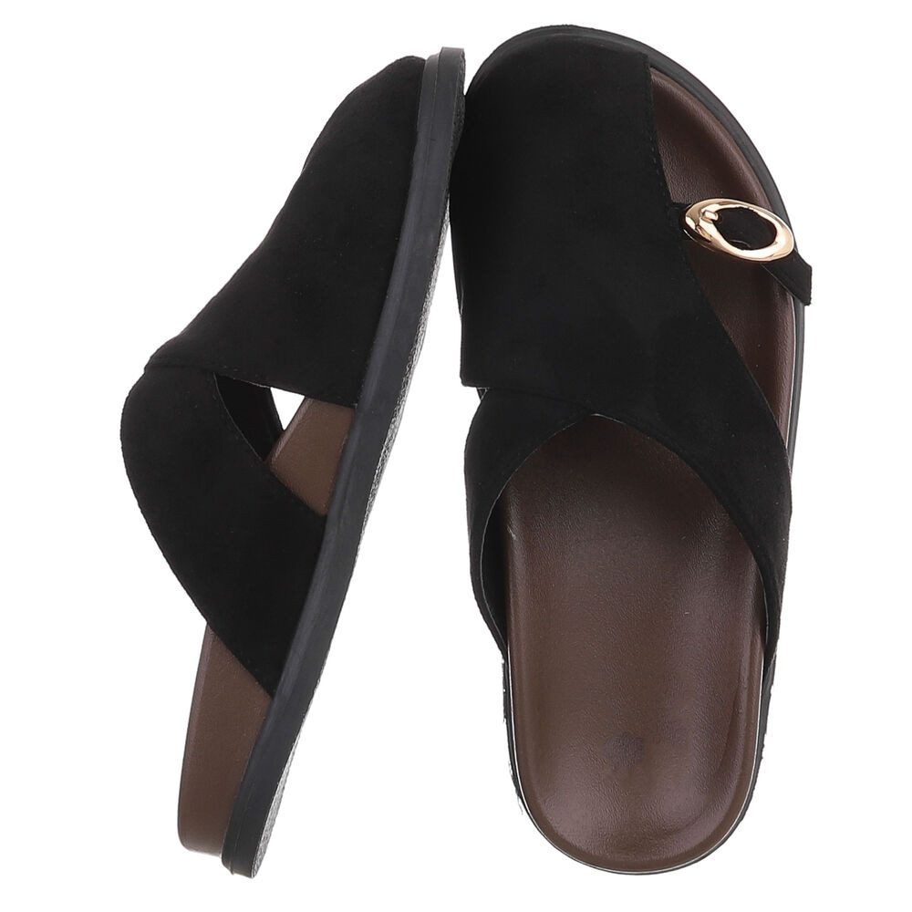 Ital-Design Damen Pantoletten mit Metallschließe & Komfortsohle Pantolette (91849014) Flach Pantoletten in Schwarz