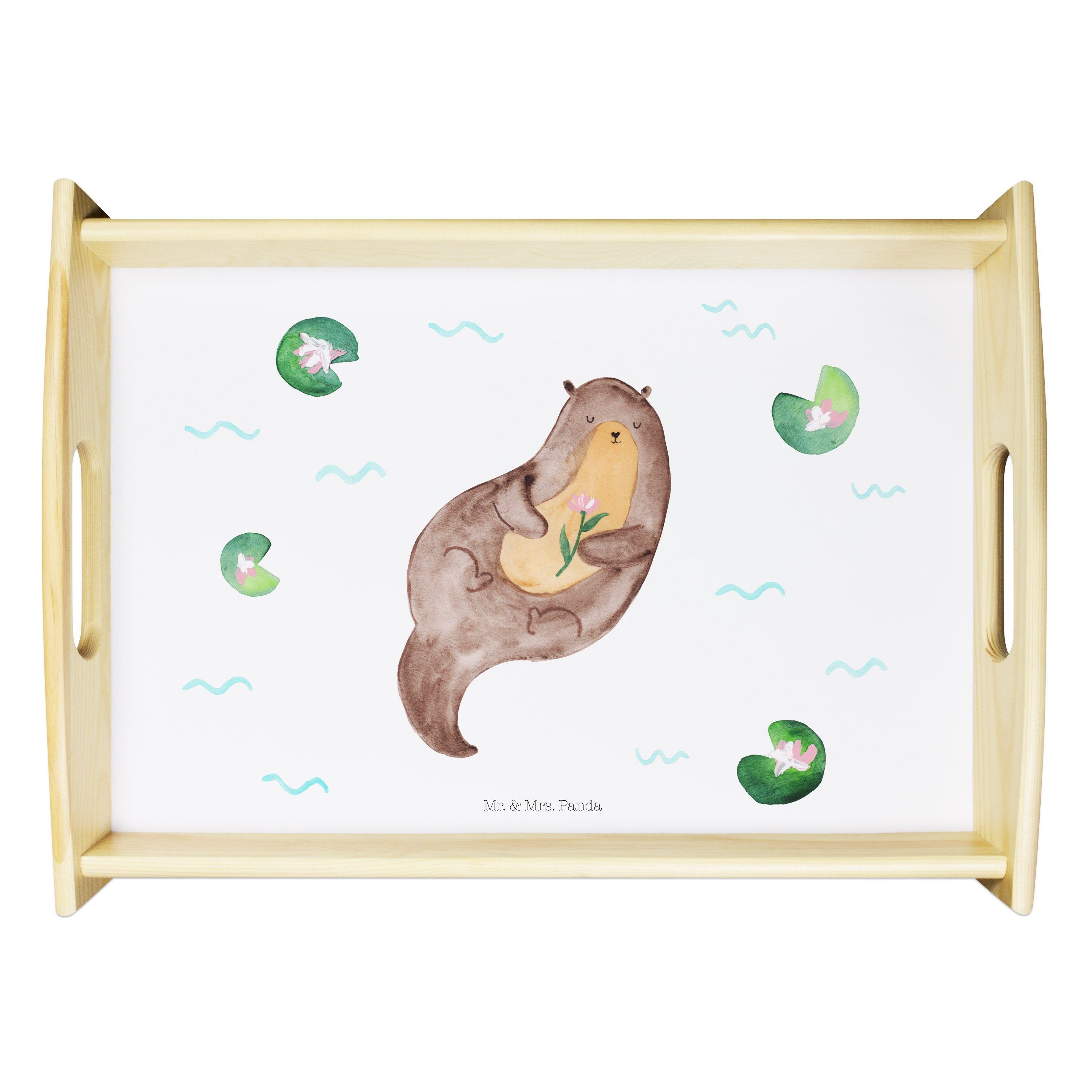 Mr. & Mrs. Panda Tablett Otter mit Seerose - Weiß - Geschenk, Dekotablett, Seeotter, Küchentab, Echtholz lasiert, (1-tlg)