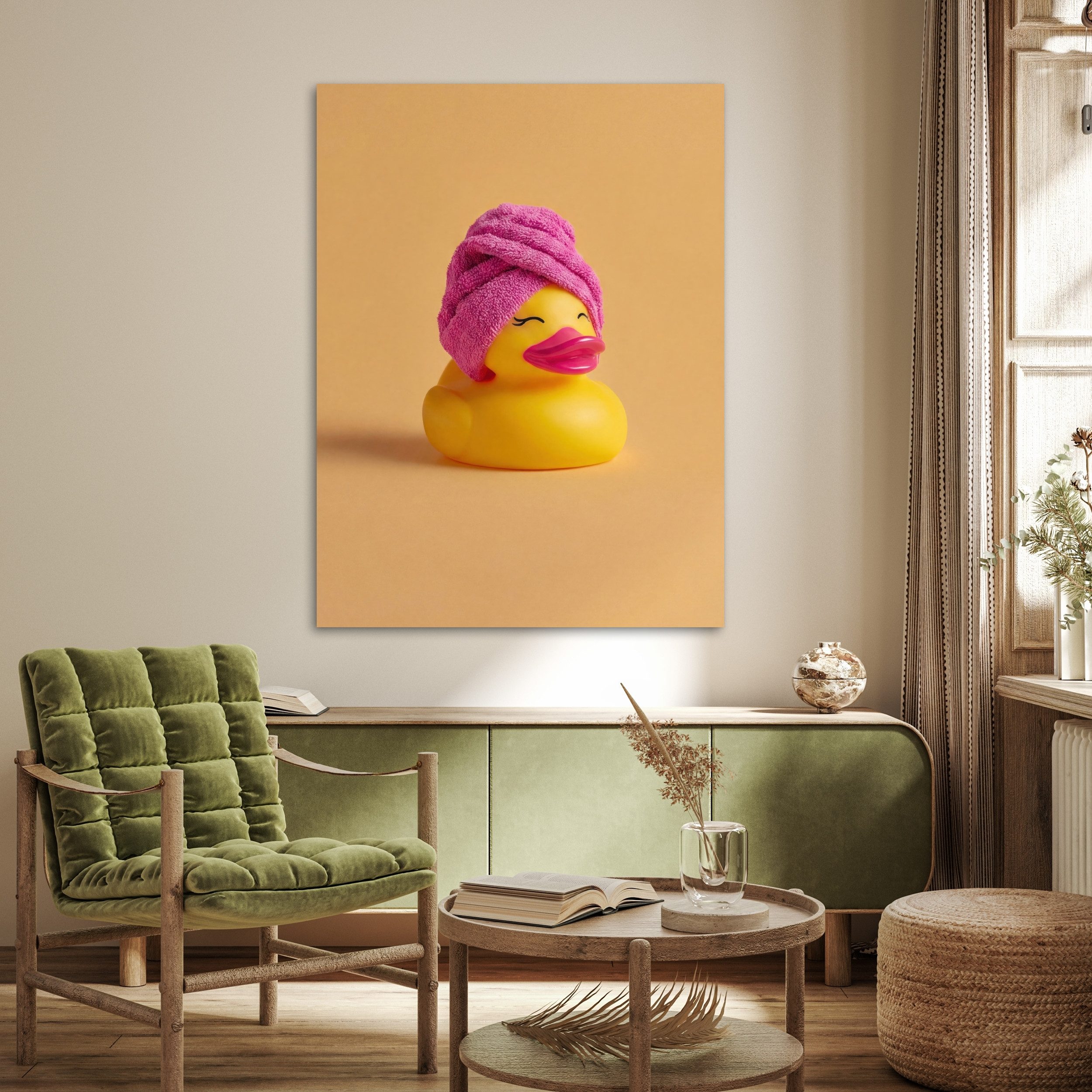 MuchoWow Poster Gummi-Ente - Handtuch - Farbenfroh, (1 St), Wandbild, Wohnzimmer Deko, Qualitätsdruck Dickes Papier, 90x120 cm