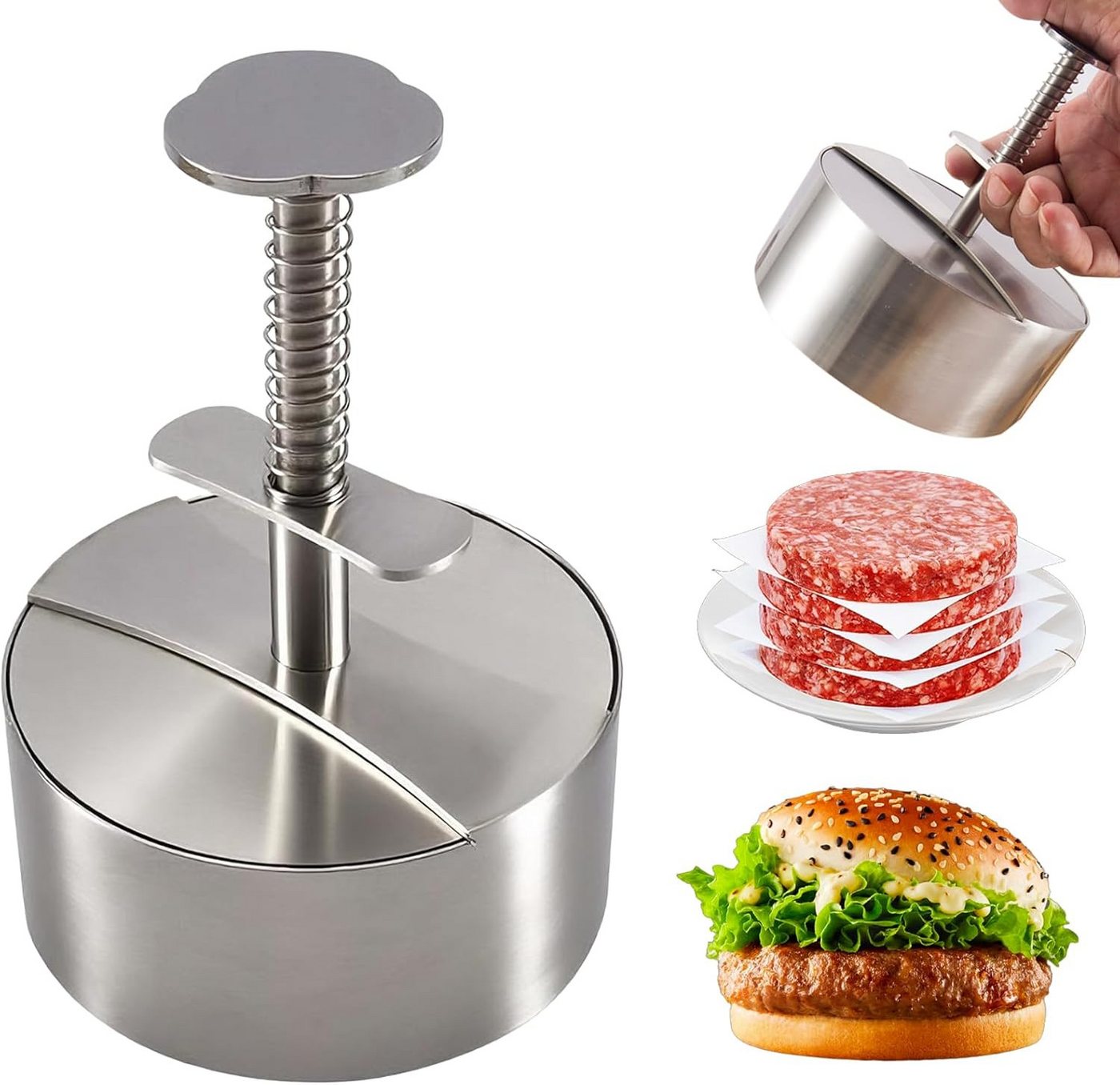 Fyrove Burgerpresse Edelstahl Burger Presse, Verstellbarer Hamburger Patty Maker 12cm, Edelstahl, Robuste Antihaft-Patty-Form für Rindfleisch, Fleisch, BBQ, Partygrill