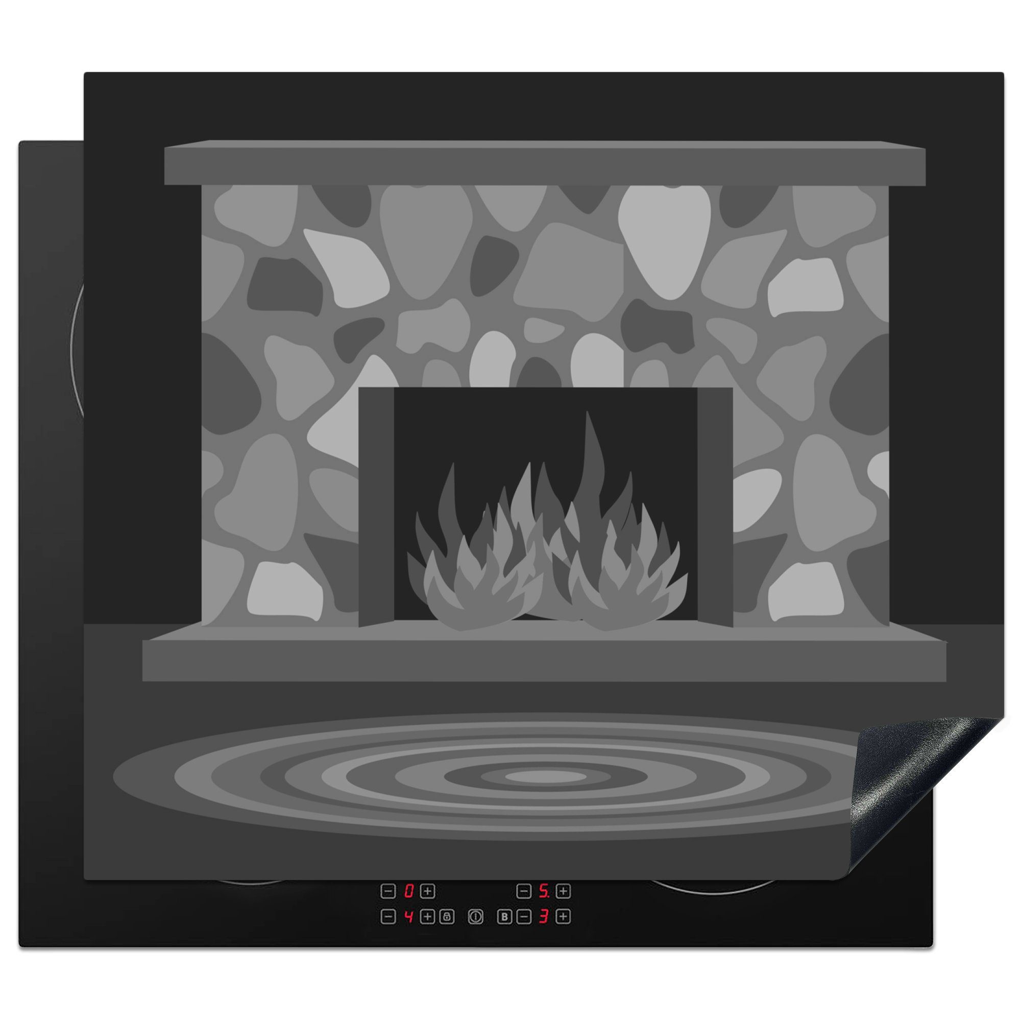 MuchoWow Herdblende-/Abdeckplatte Illustration eines gemütlichen Kamins - schwarz und weiß, Vinyl, (1 tlg), 60x52 cm, Mobile Arbeitsfläche nutzbar, Ceranfeldabdeckung