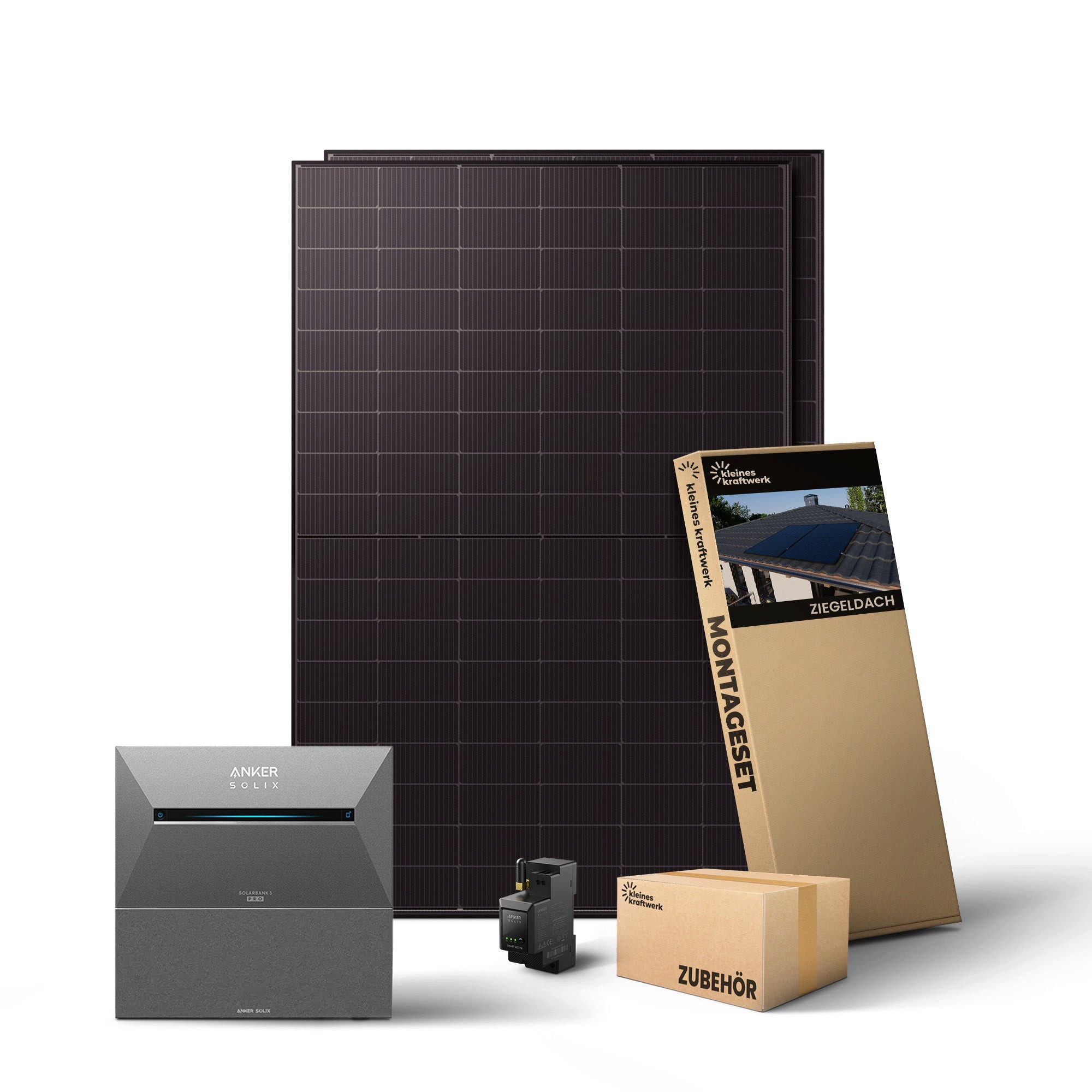 Kleines Kraftwerk Balkonkraftwerk, 1000 W, Monokristallin, (Ziegeldach, 0% MwSt für Privatkunden - Solaranlage Komplettset mit Speicher), 2 x 500W, Anker Solarbank 3 Pro, Wechselrichter