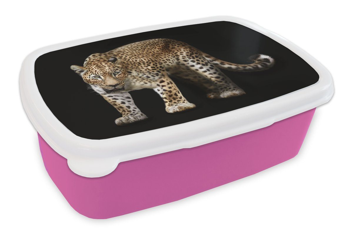 MuchoWow Lunchbox Leopard - Wild - Schwarz, Kunststoff, (2-tlg), Brotbox für Erwachsene, Brotdose Kinder, Snackbox, Mädchen, Kunststoff rosa