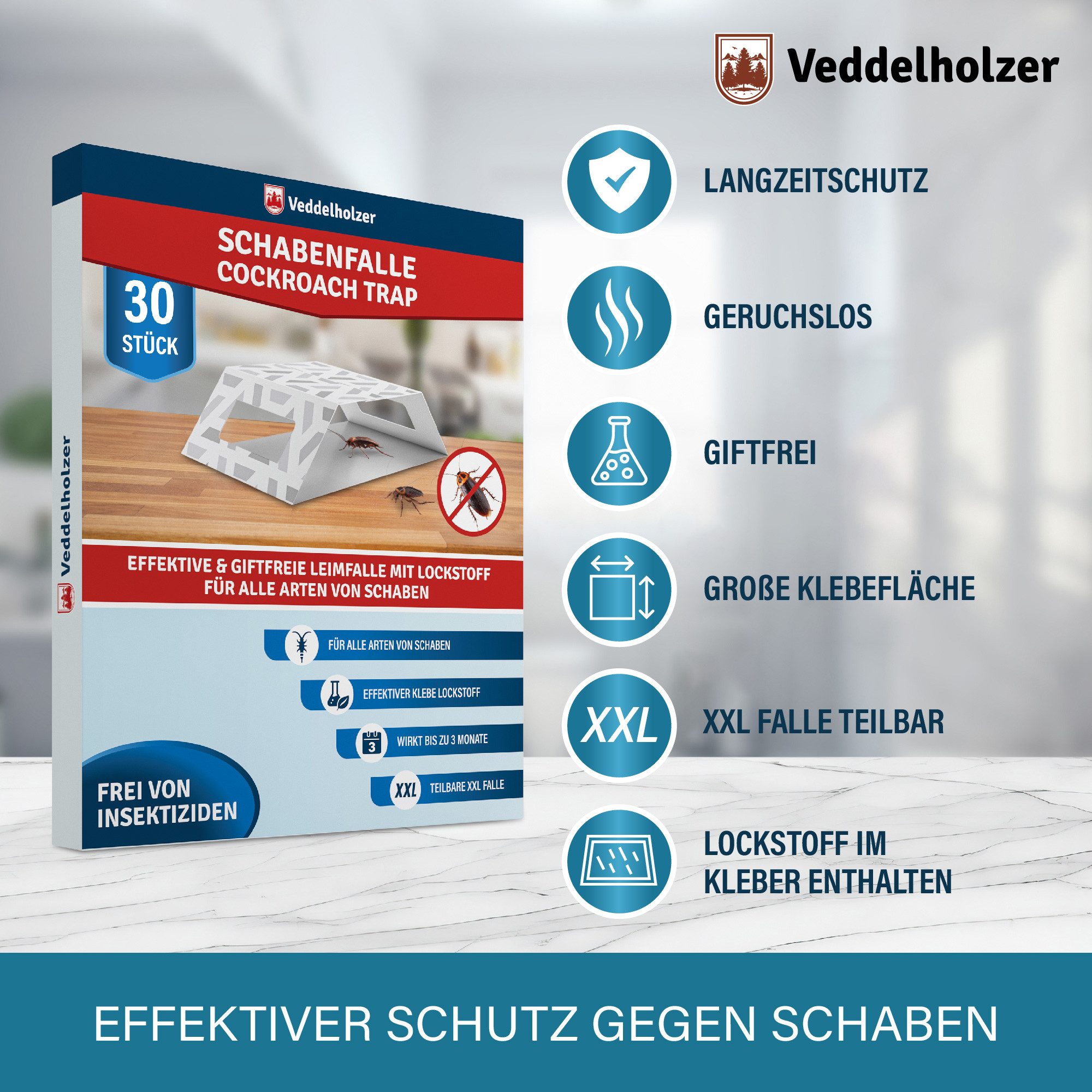 Veddelholzer Klebefalle XXL teilbare Schabenfalle mit integriertem Köder Lockstoff 30 Stück, Effektive Kakerlakenfalle Giftfrei Geruchlos Umweltfreundlich