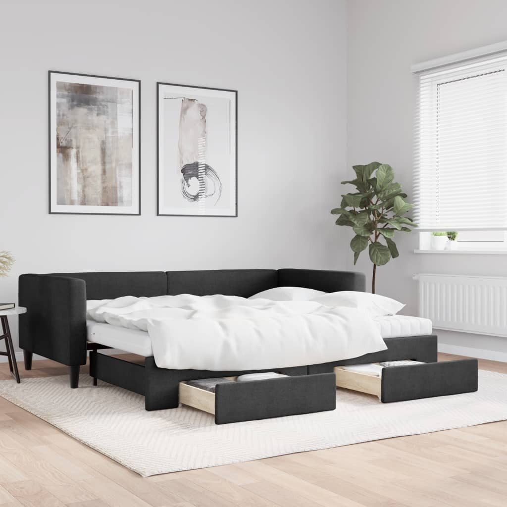 vidaXL Gästebett 90 x 200 cm Tagesbett Ausziehbar mit Schubladen Schwarz 90x200 cm Stof