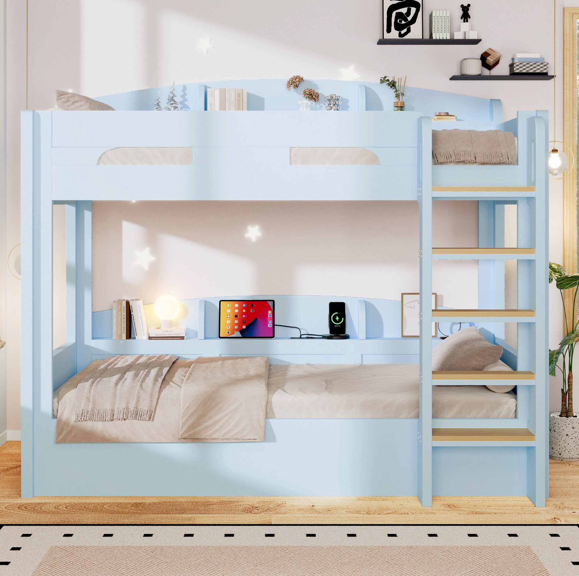 REDOM Hochbett Kinder Etagenbett mit Regalfächern und Stauraum (Packung, 3-St., Bettgestell mit USB Anschluss und Ablage für Bücher, mit Matratze) Schlafbett 90x200 cm Hellblau mit Unterbett Funktion