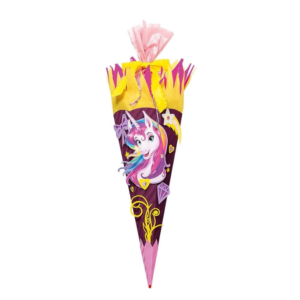 Roth Schultüte Bastelset Einhornportrait, 68 cm, eckig, mit Kreppverschluss, Zuckertüte zum Basteln, Lila / Gelb