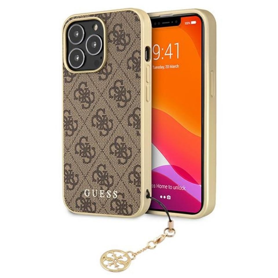 Handyhülle Case iPhone 13 Pro Kunstleder braun mit Kette goldfarbig