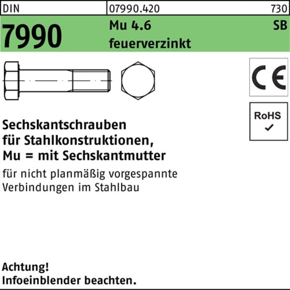 Reyher Sechskantmutter 100er Pack Sechskantschraube DIN 7990 CE Sechskantmutter M12x105 4.6 f